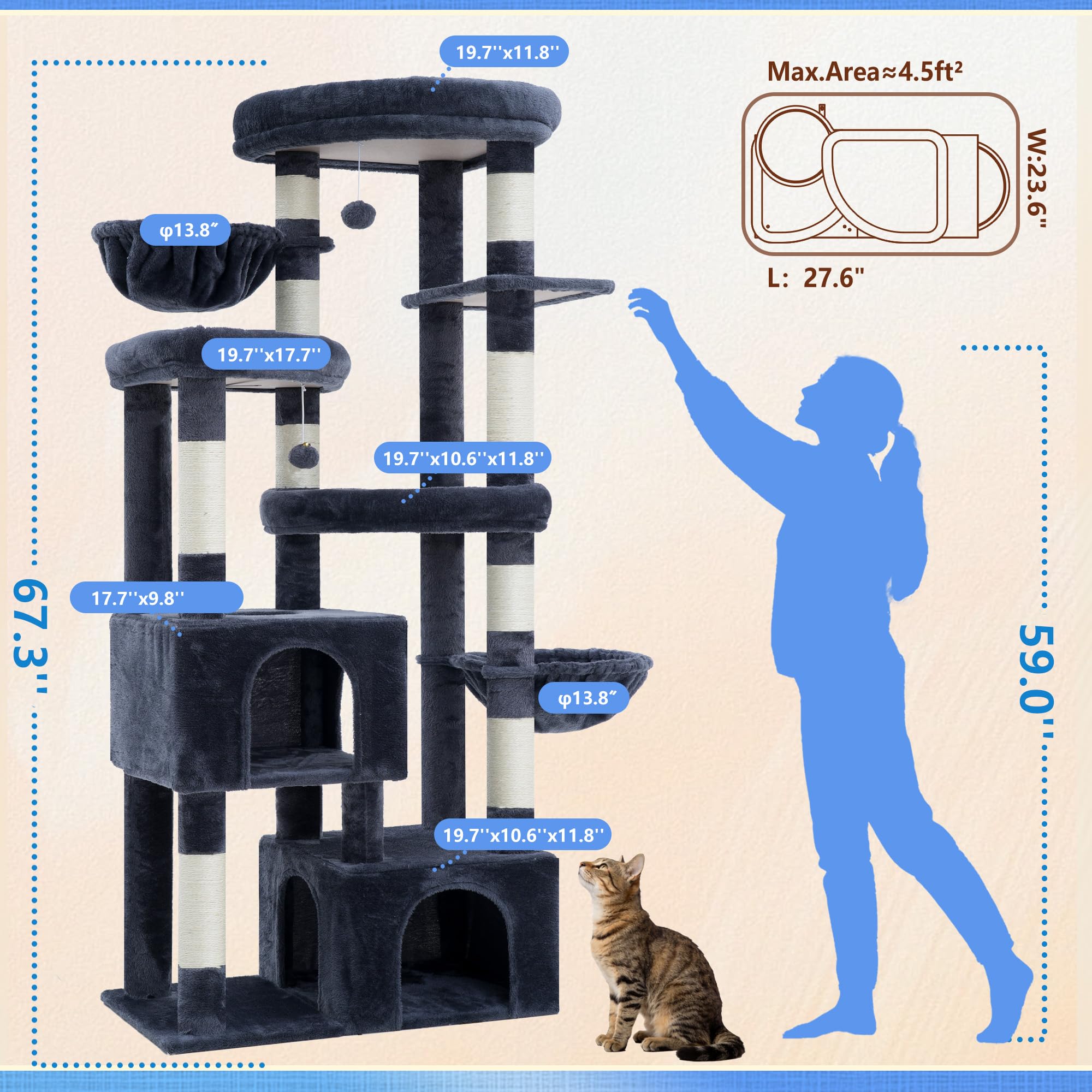 Hey-brother Cat Tree three padded platforms for easy climbing and lounging.