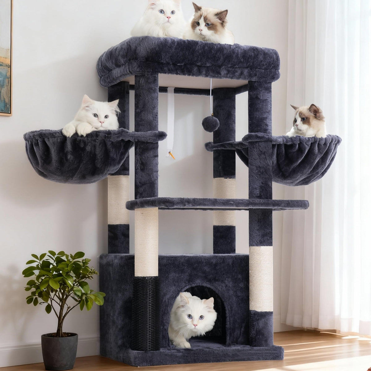 Hey-brother cat tree top perch provides a spacious resting spot for large cats.
