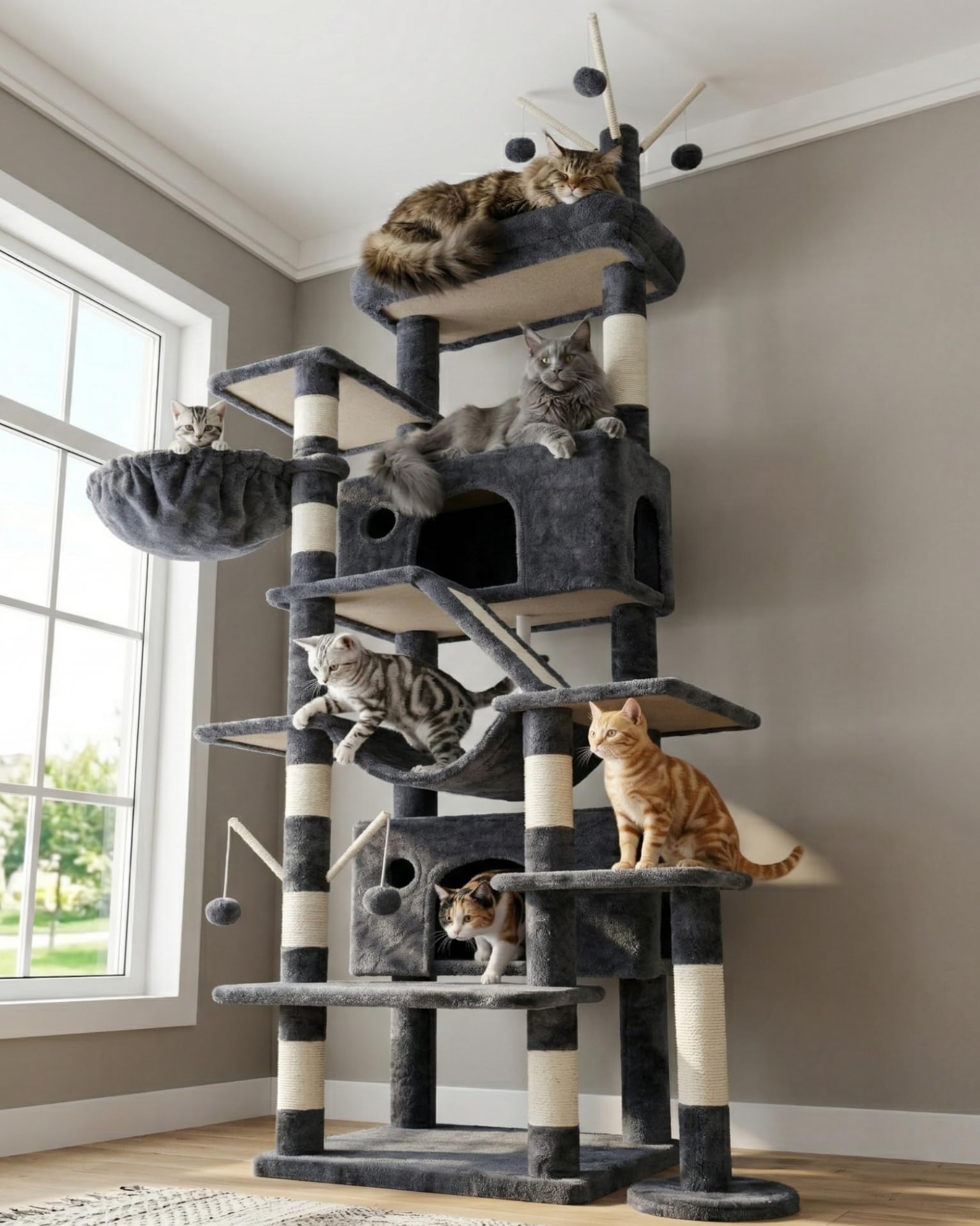 Hey-brother cat tree tower anti-tip base keeps tall structure secure for active cats