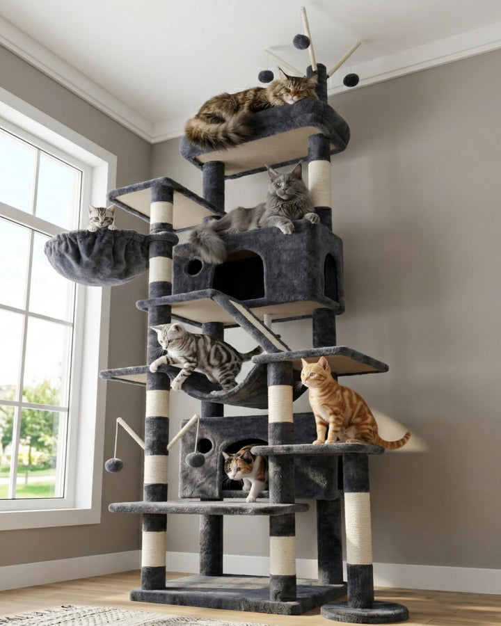 Hey-brother cat tree tower anti-tip base keeps tall structure secure for active cats
