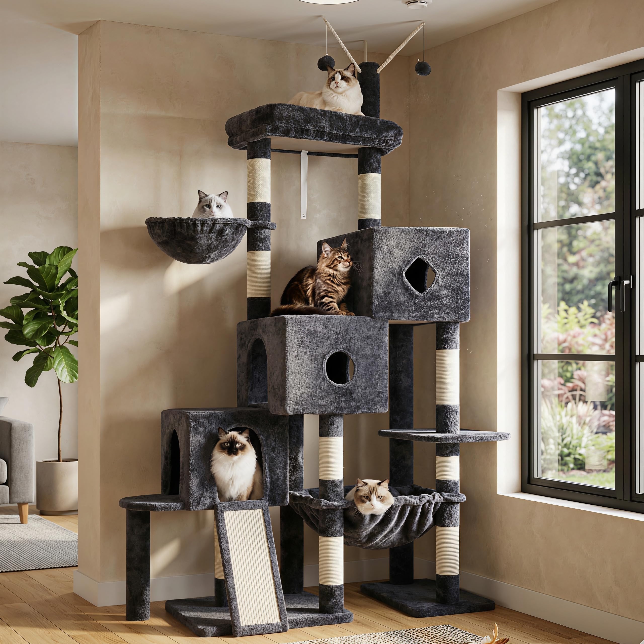 Hey-brother Cat Tree Tower base plates provide sturdy stability for tall indoor cats.