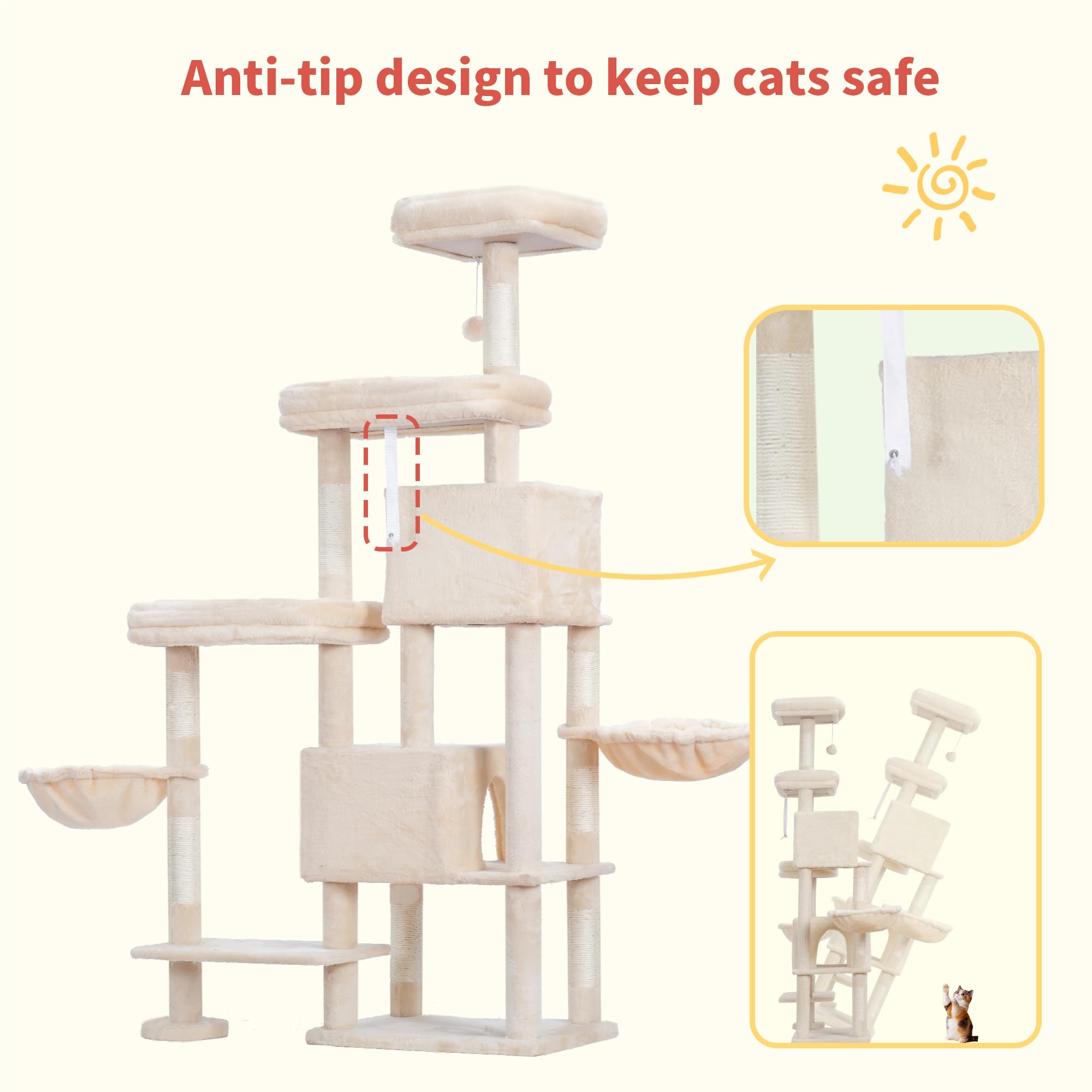 Hey-brother Cat Tree Tower beige-fabric finish blends with interiors