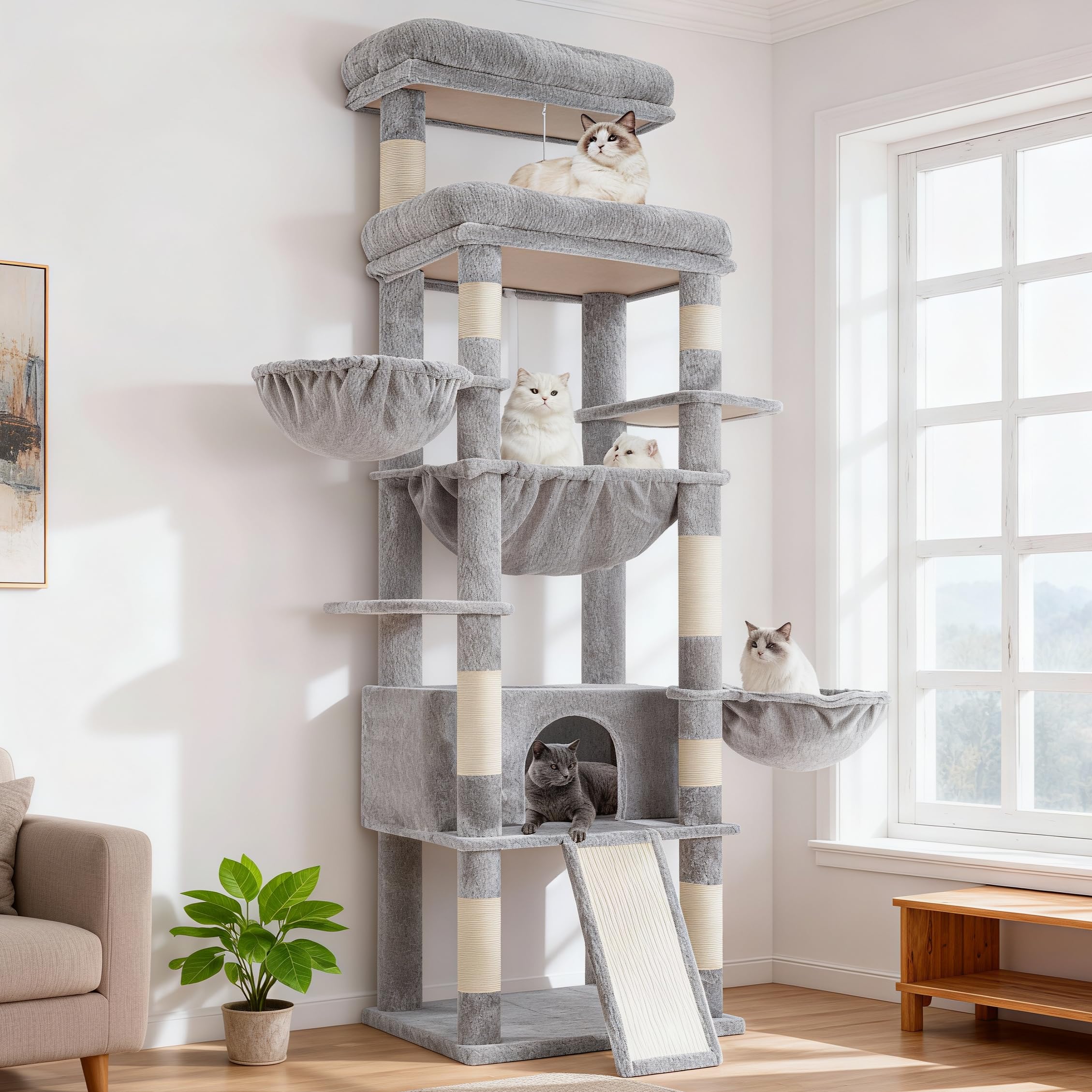 Hey-brother cat tree tower full unit in light gray finish