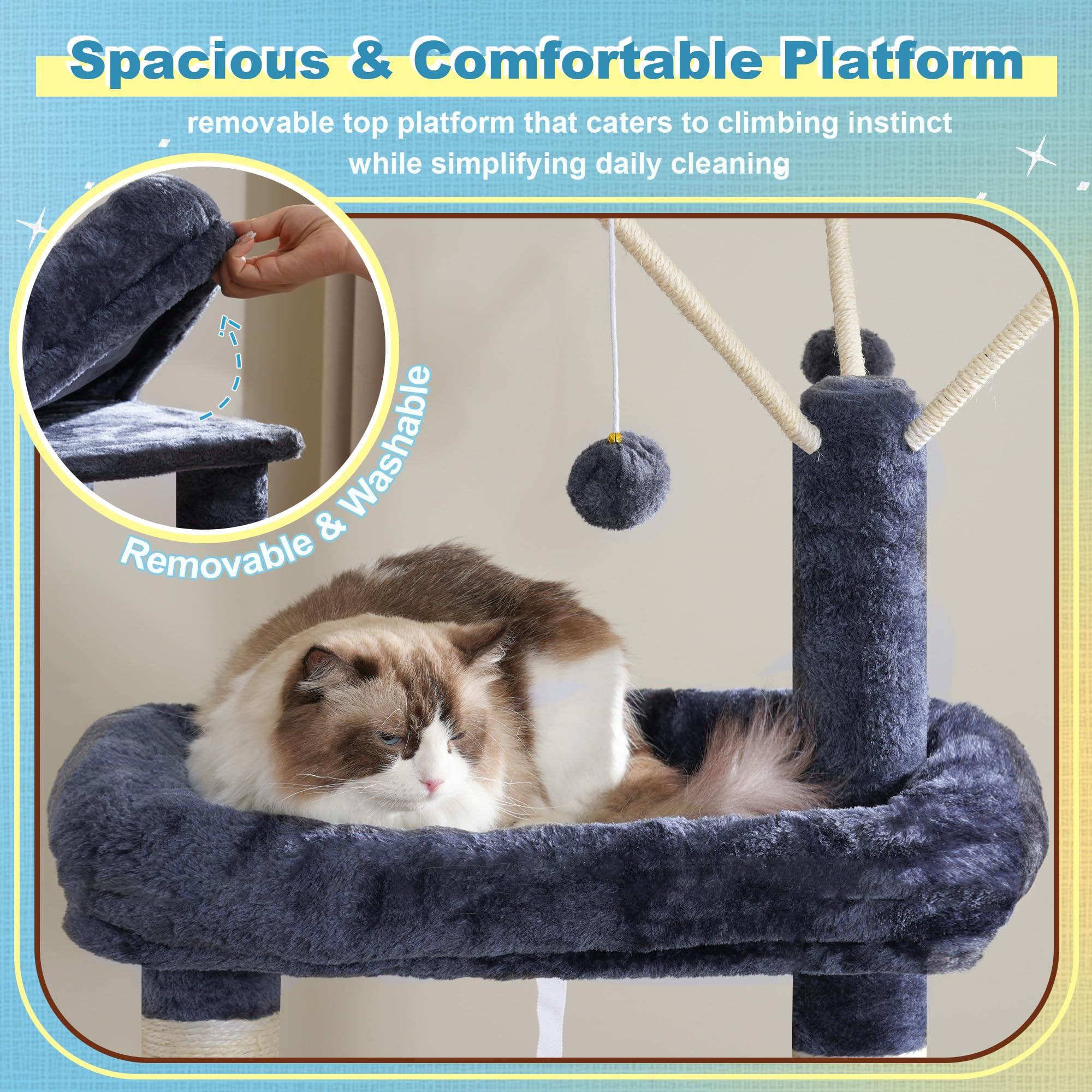 Hey-brother Cat Tree Tower large basket provides cozy lounging space.