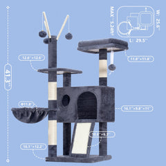Hey-brother cat tree tower with removable teaser wands for interactive play.