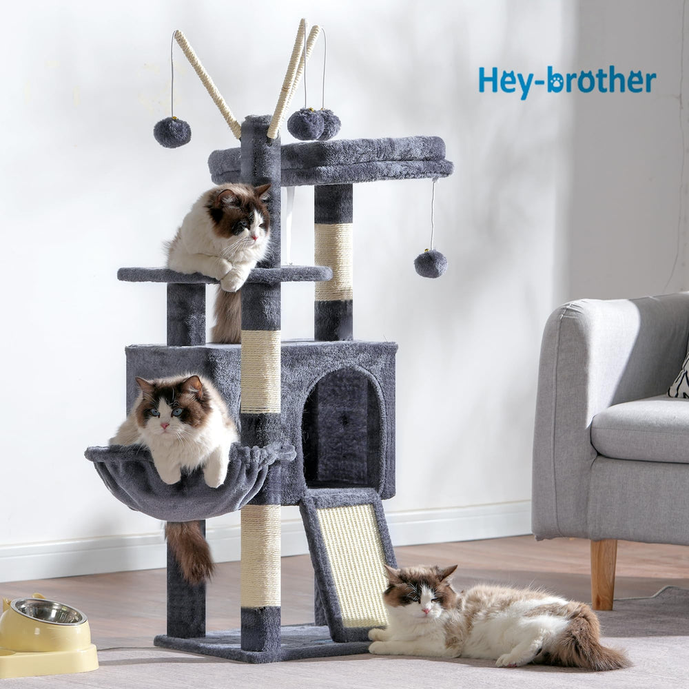 Hey-brother cat tree tower scratch board for active scratching sessions.