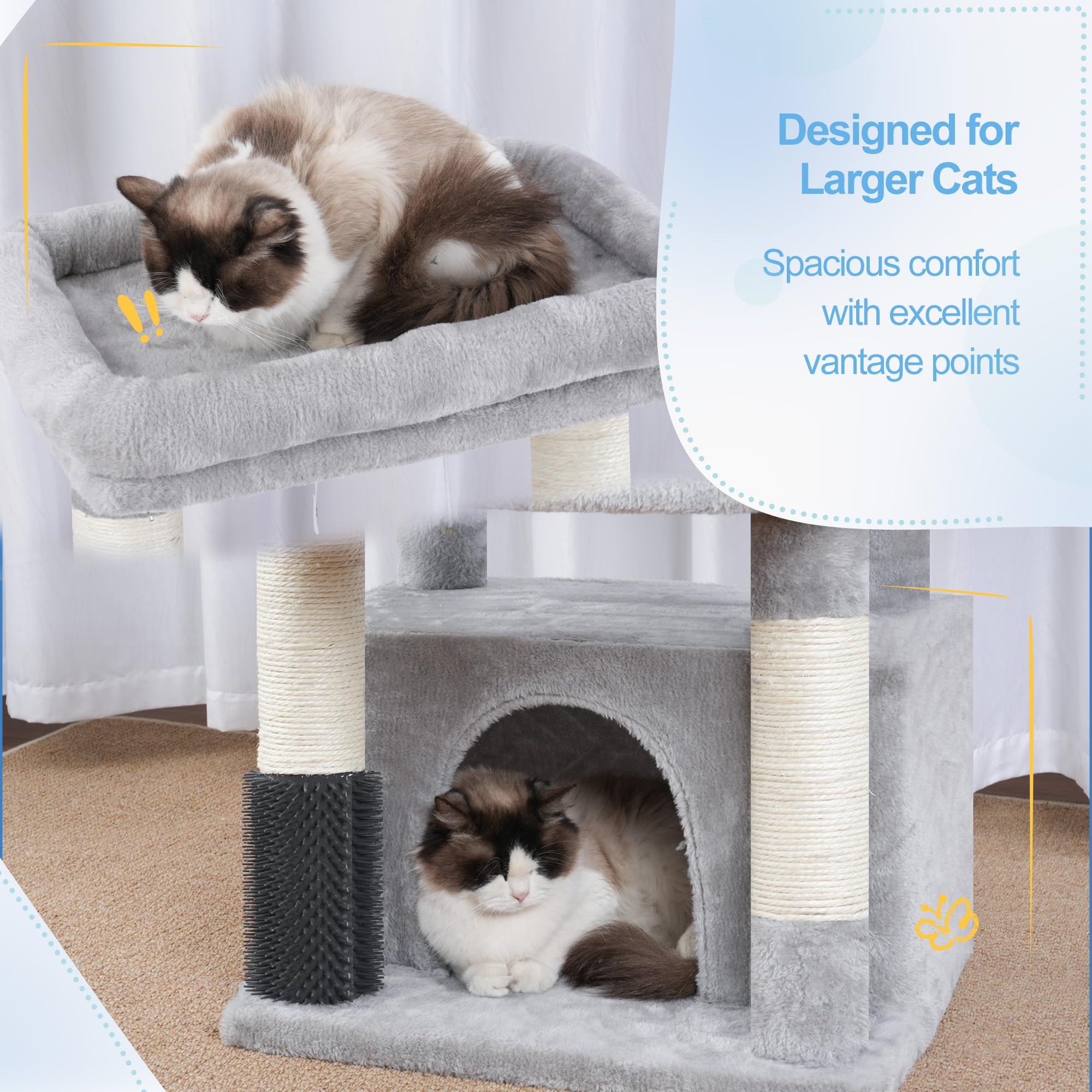 Hey-brother cat tree tower self-groom brush promotes fur care