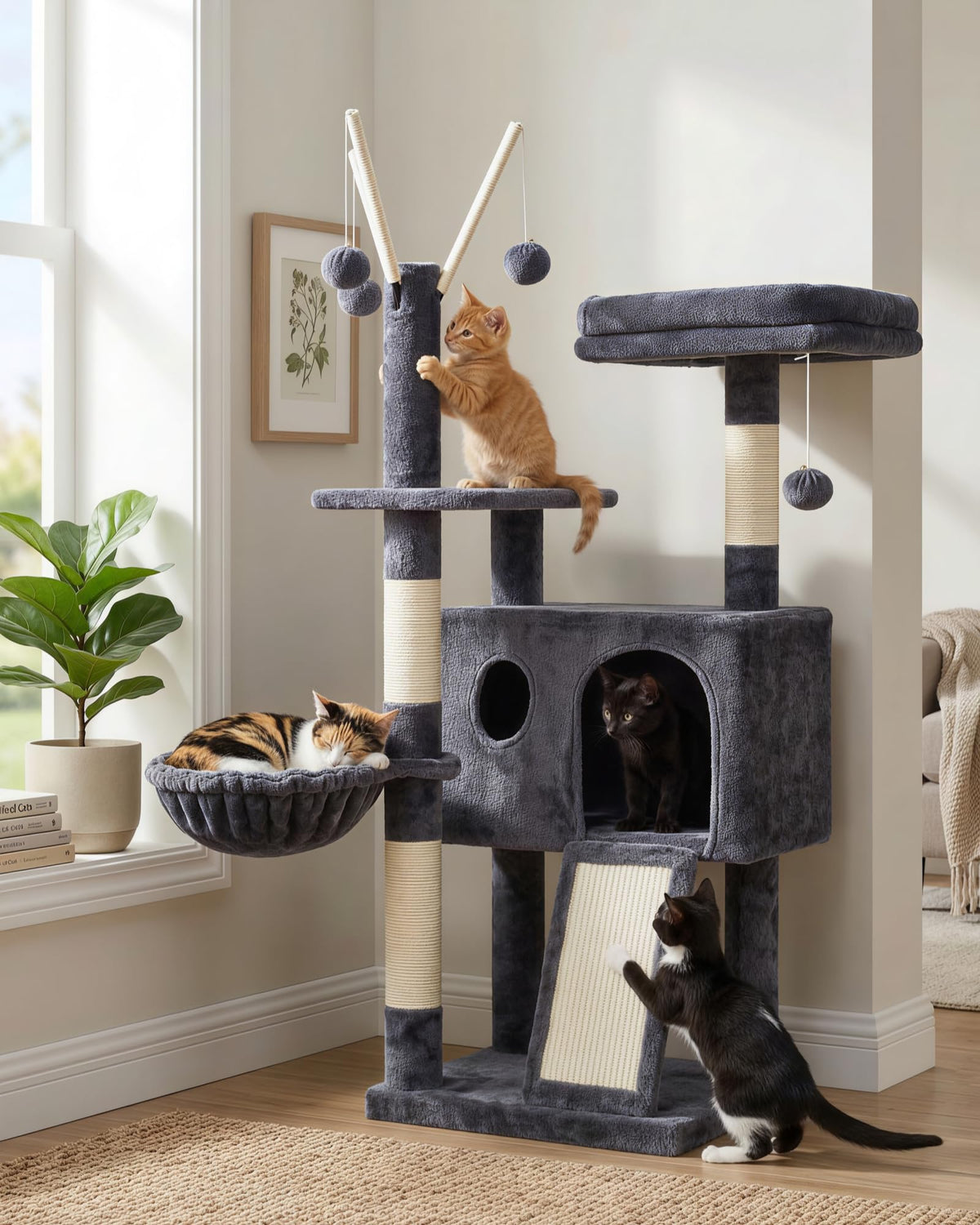 Hey-brother cat tree tower side view in smoky gray for spacious play and rest.