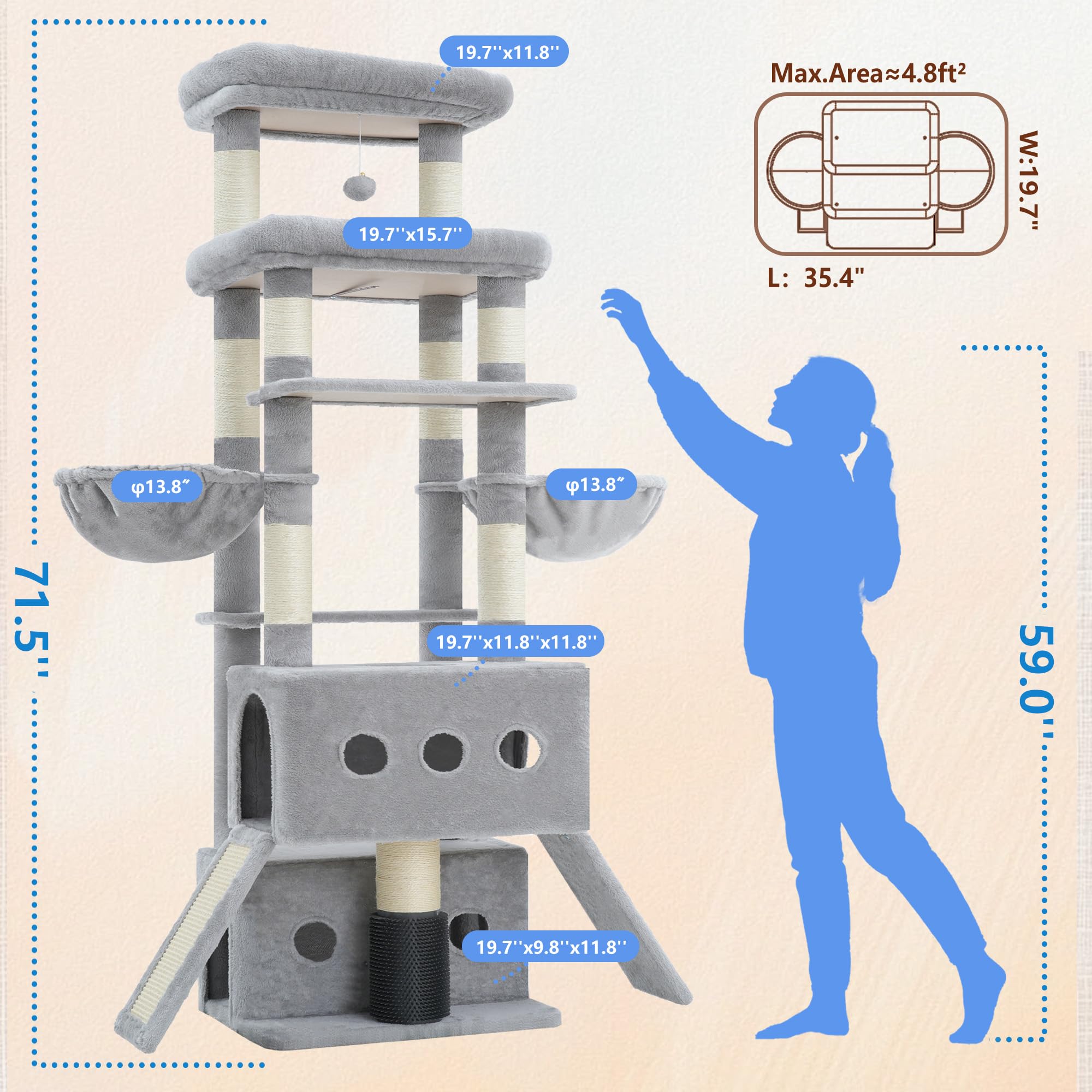 Hey-brother Cat Tree Tower side view, shows vertical space for large cats