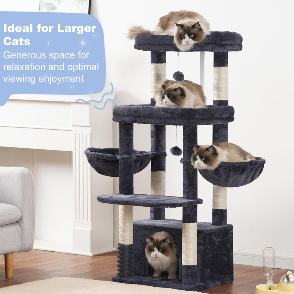 Hey-brother cat tree tower’s roomy condo and two hammocks suit multi-cat homes.