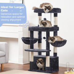 Hey-brother cat tree tower’s roomy condo and two hammocks suit multi-cat homes.