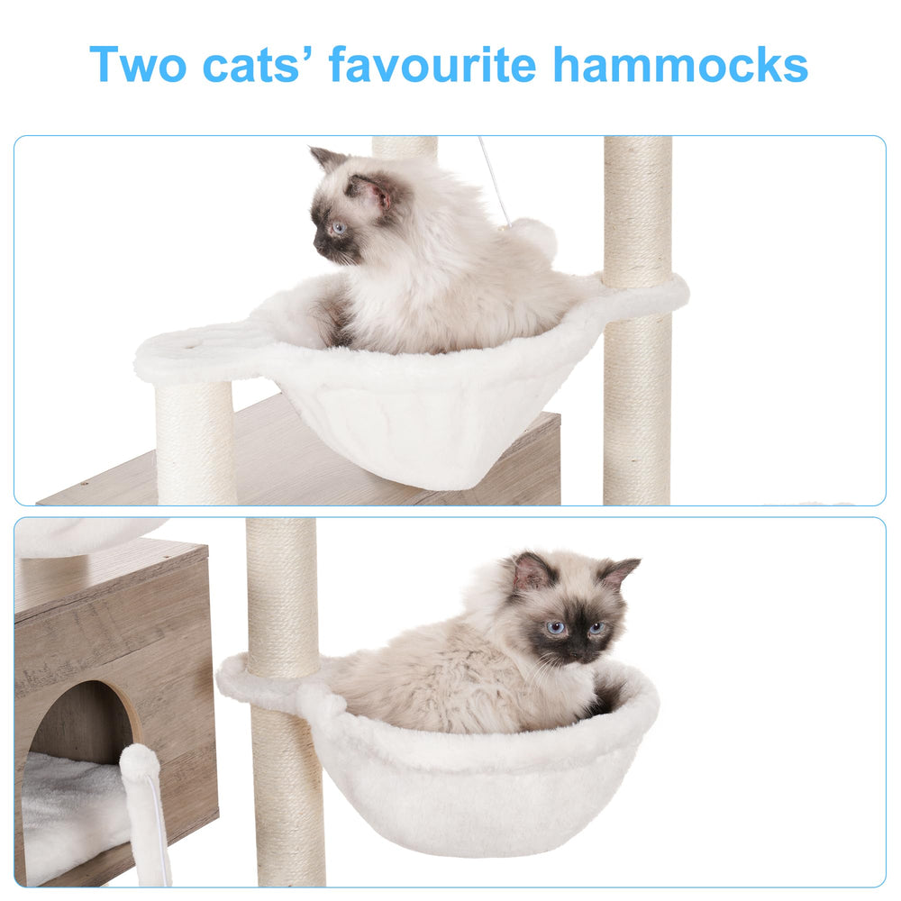 Hey-brother cat tree two hammocks — cozy resting spots for daytime napping.