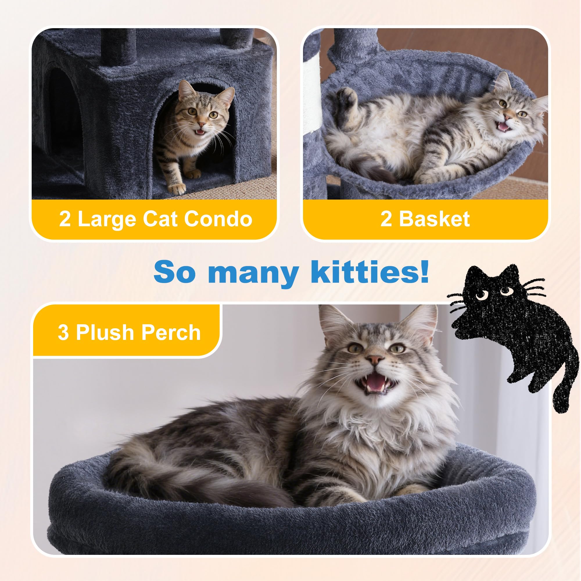 Hey-brother Cat Tree two hammocks offer secure, comfy lounging.