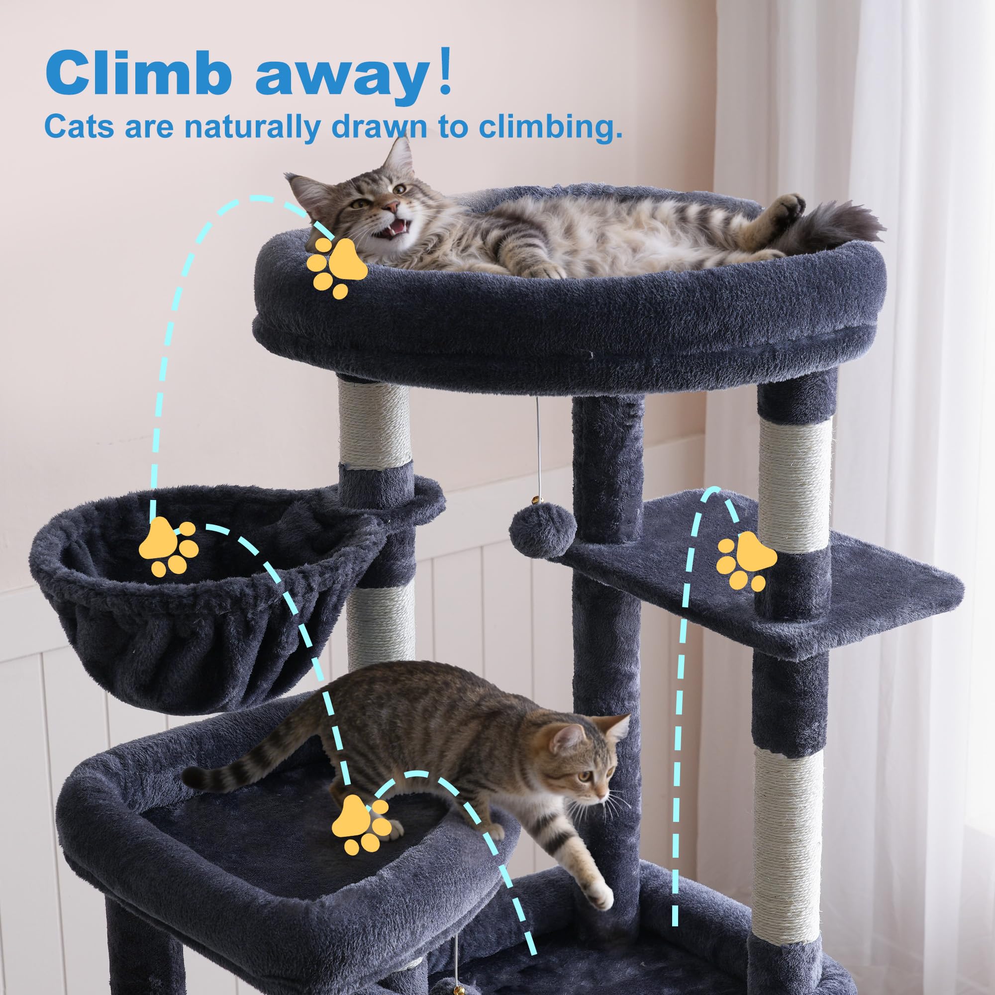 Hey-brother Cat Tree two large condos provide cozy hiding and naps.