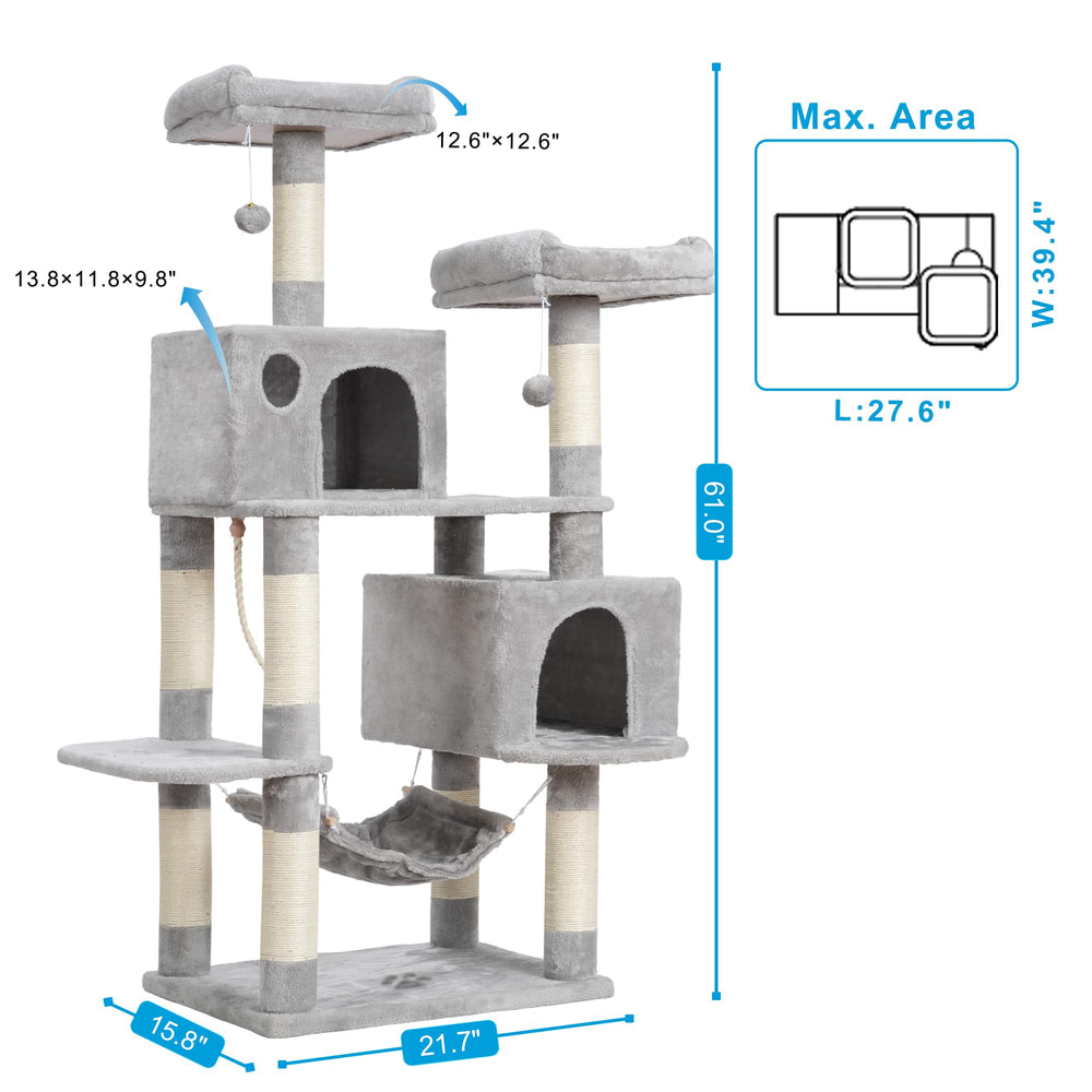 Hey-brother cat tree features two plush condos for cozy naps