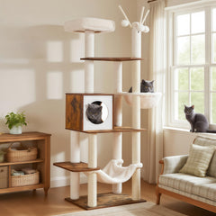 Hey-brother wooden cat tree top platform offers a cozy lookout for curious cats