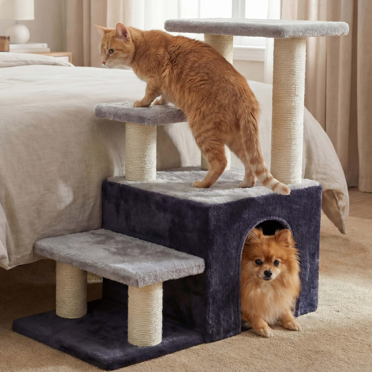 Heybly 4-tier cat stairs with condo aids climbing to high surfaces.