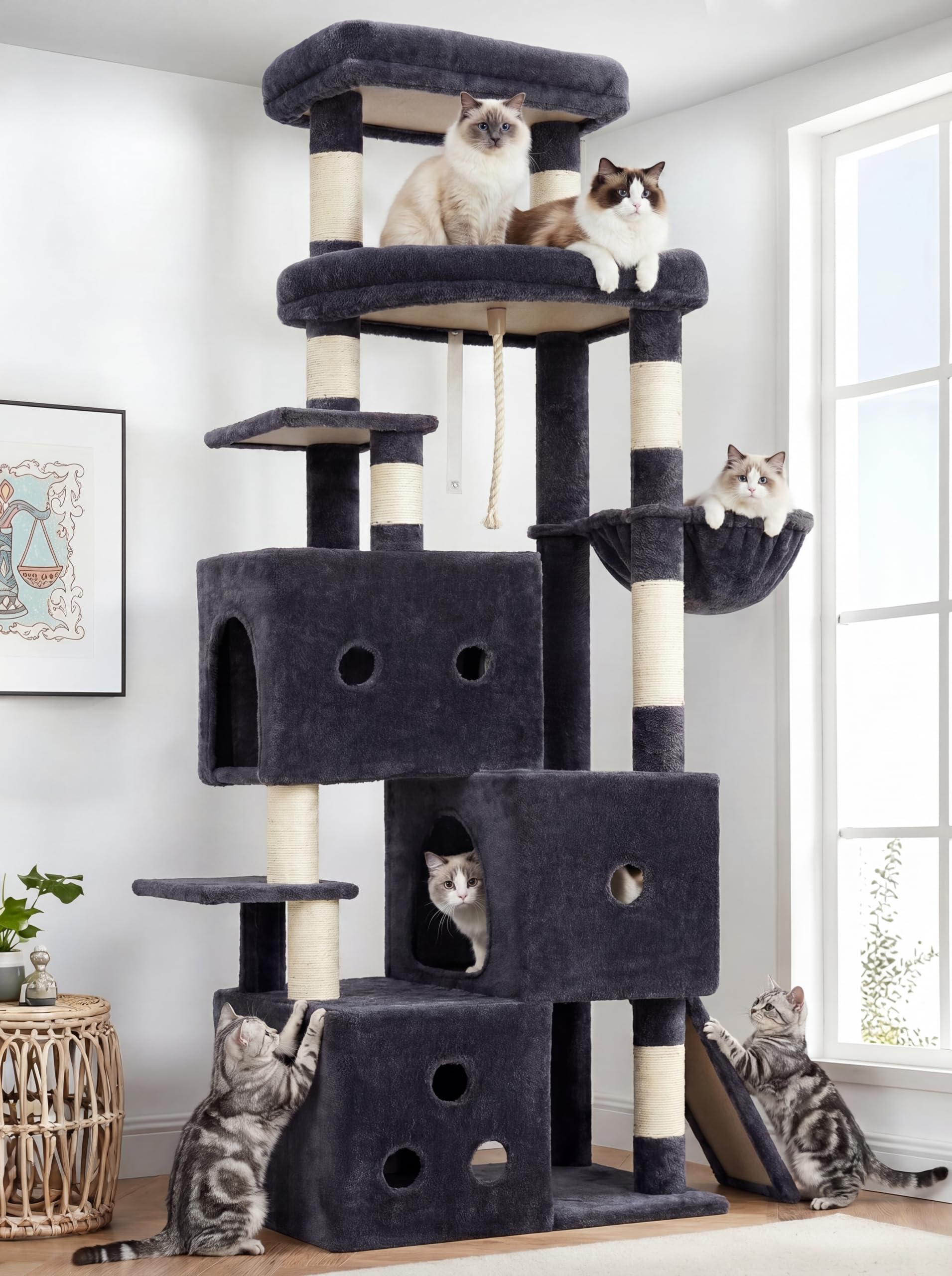 Heybly cat tree 3-tier condos provide cozy hideaways and stable play space.