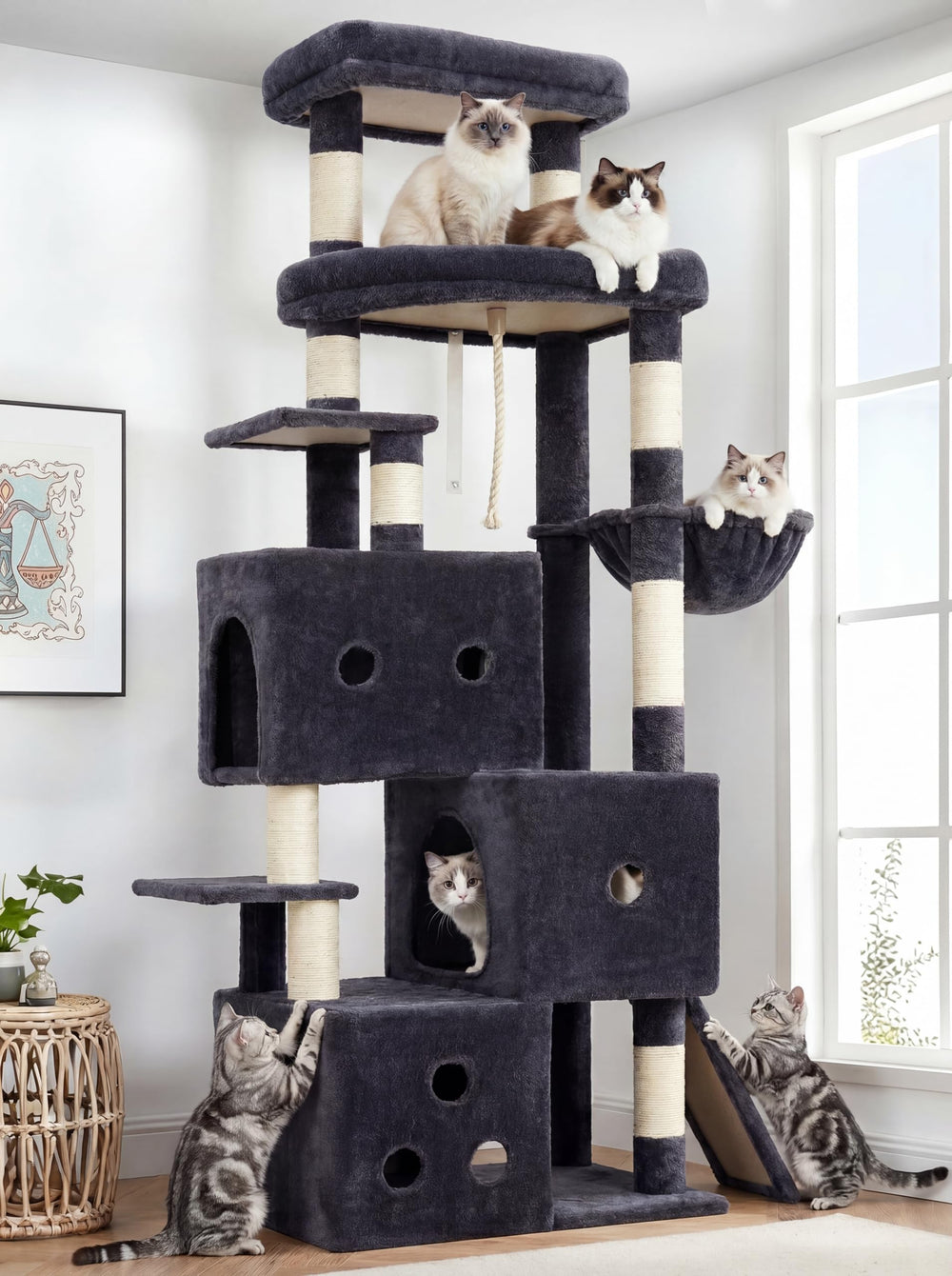 Heybly cat tree 3-tier condos provide cozy hideaways and stable play space.