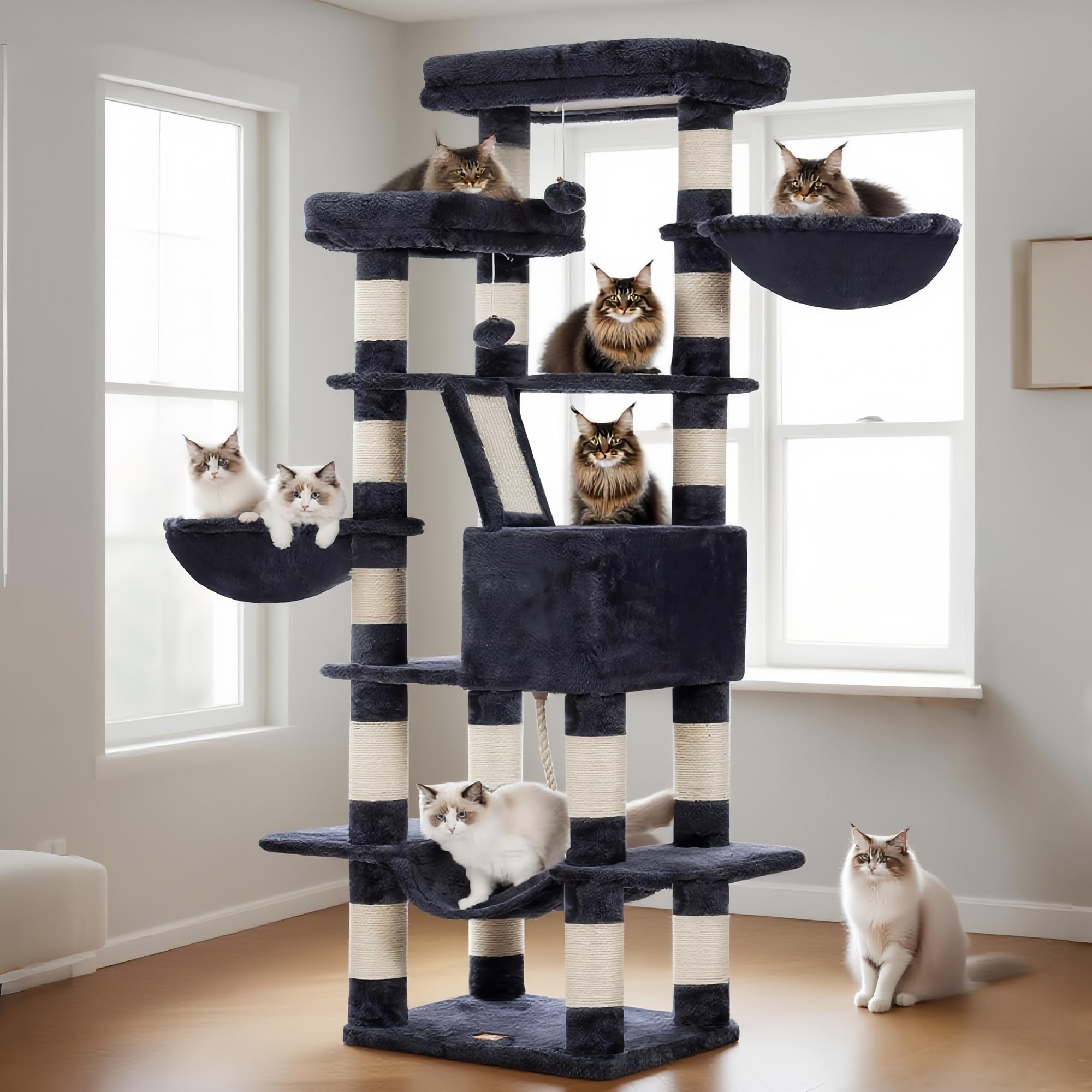 Heybly Cat Tree cozy baskets invite secure napping for lounging cats.
