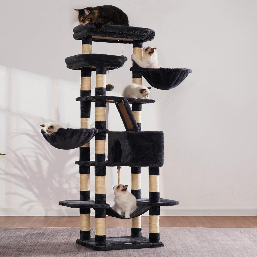 Heybly Cat Tree wide scratching board keeps claws engaged and exercised.
