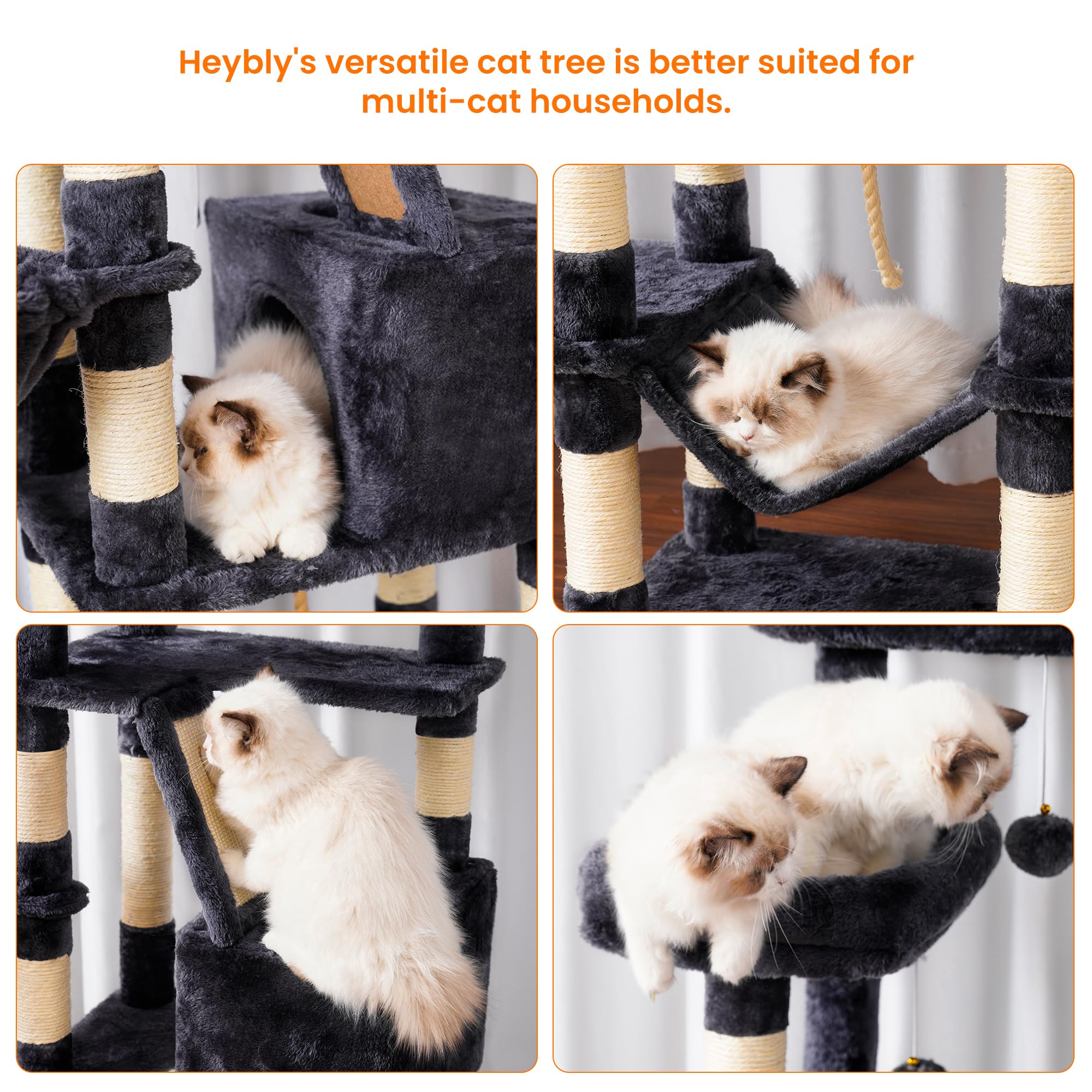Heybly Cat Tree sturdy base and posts deliver stable support during activity.