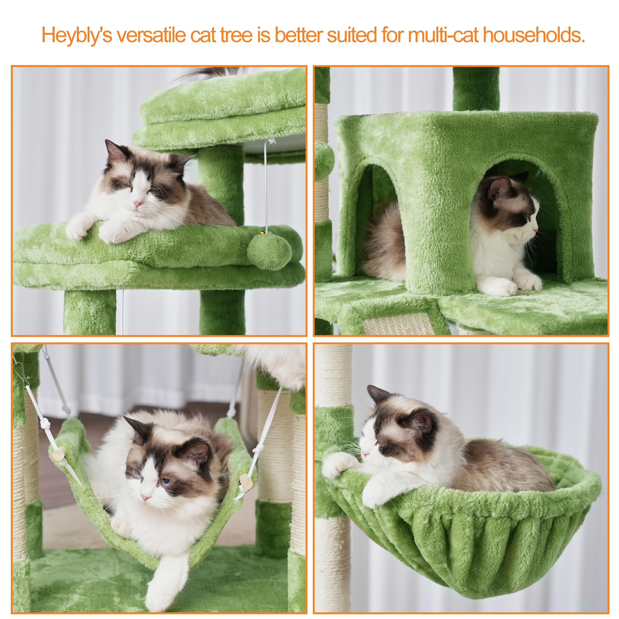 Heybly cat tree features two hammocks for lounging and naps