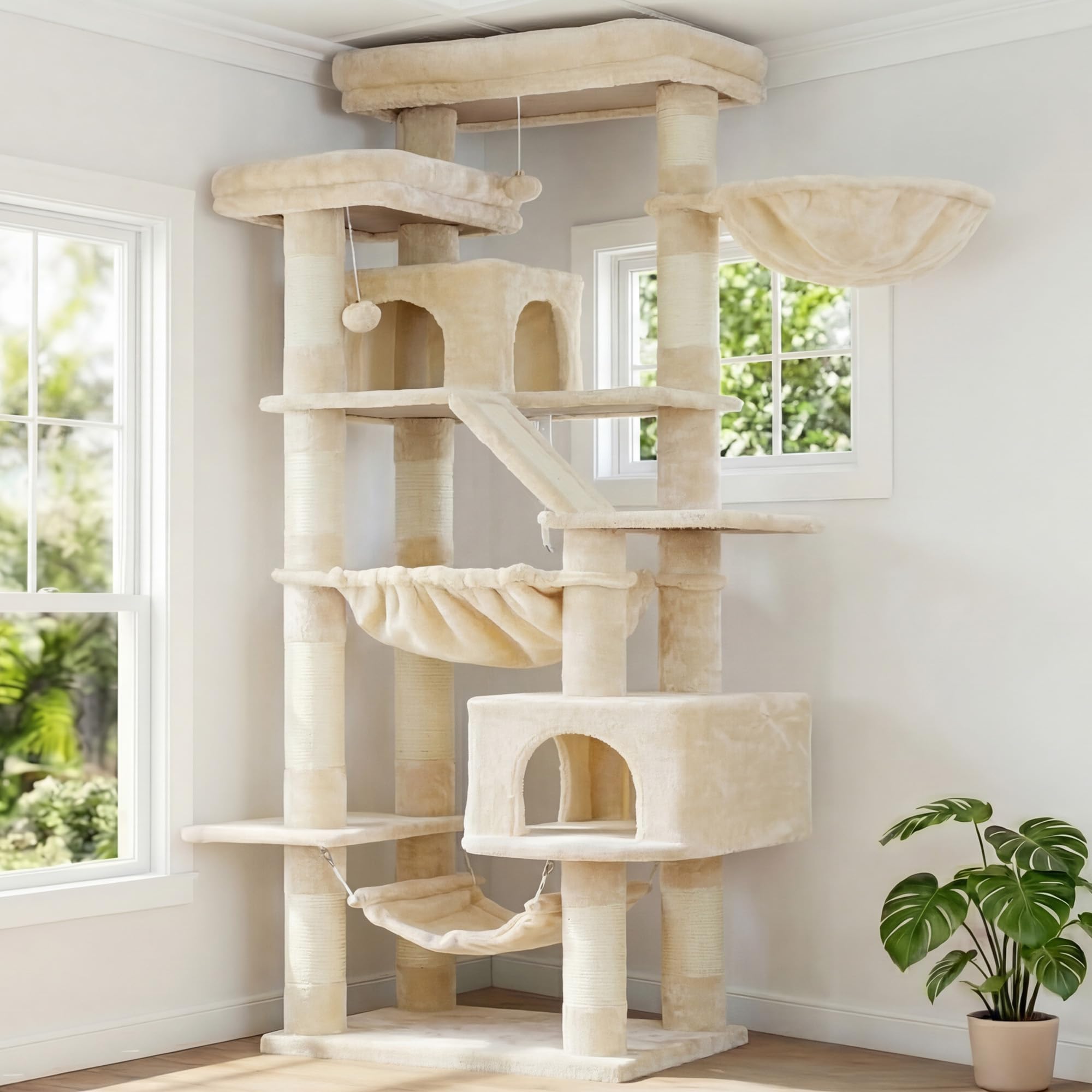 Heybly cat tree 71-inch tower with multiple perches for lounging and observation.
