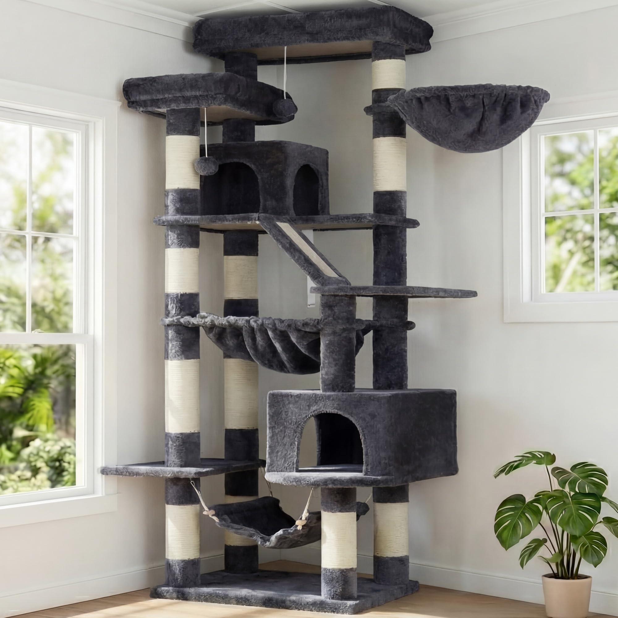 Heybly cat-tree 71-inch tower offers a tall climbing space for multi-cat households.