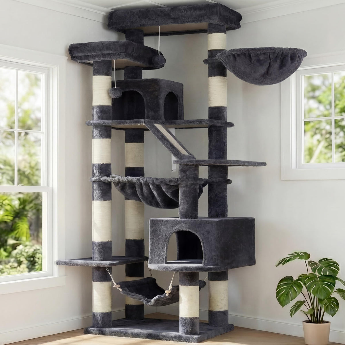 Heybly cat-tree 71-inch tower offers a tall climbing space for multi-cat households.