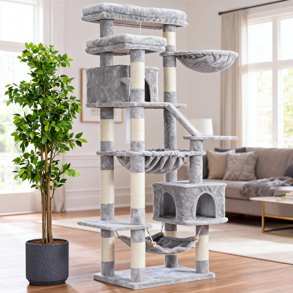 Heybly Cat Tree 71inch in living room demonstrates multi-cat setup