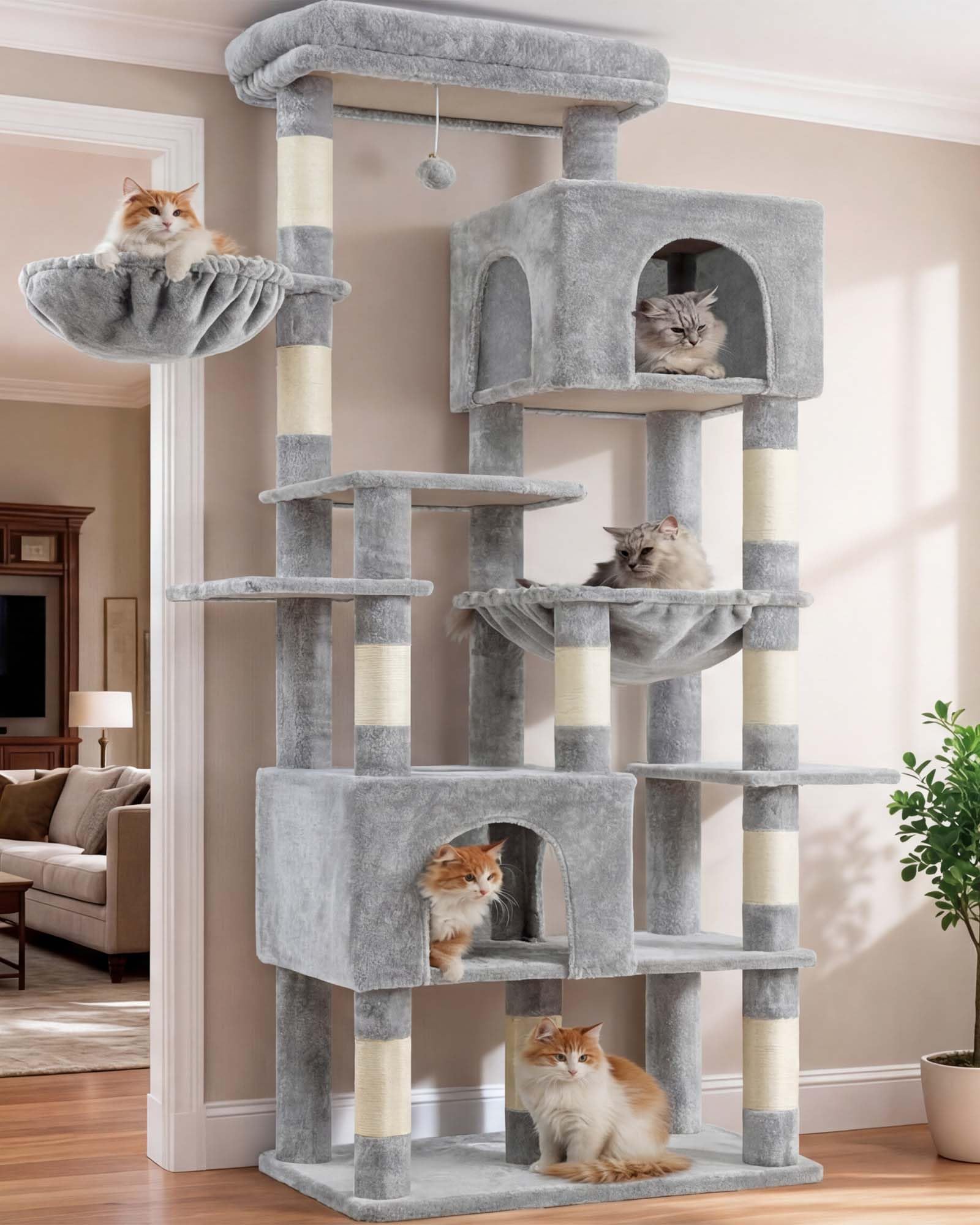 Heybly cat tree 76-inch top perch provides elevated rest for large cats.