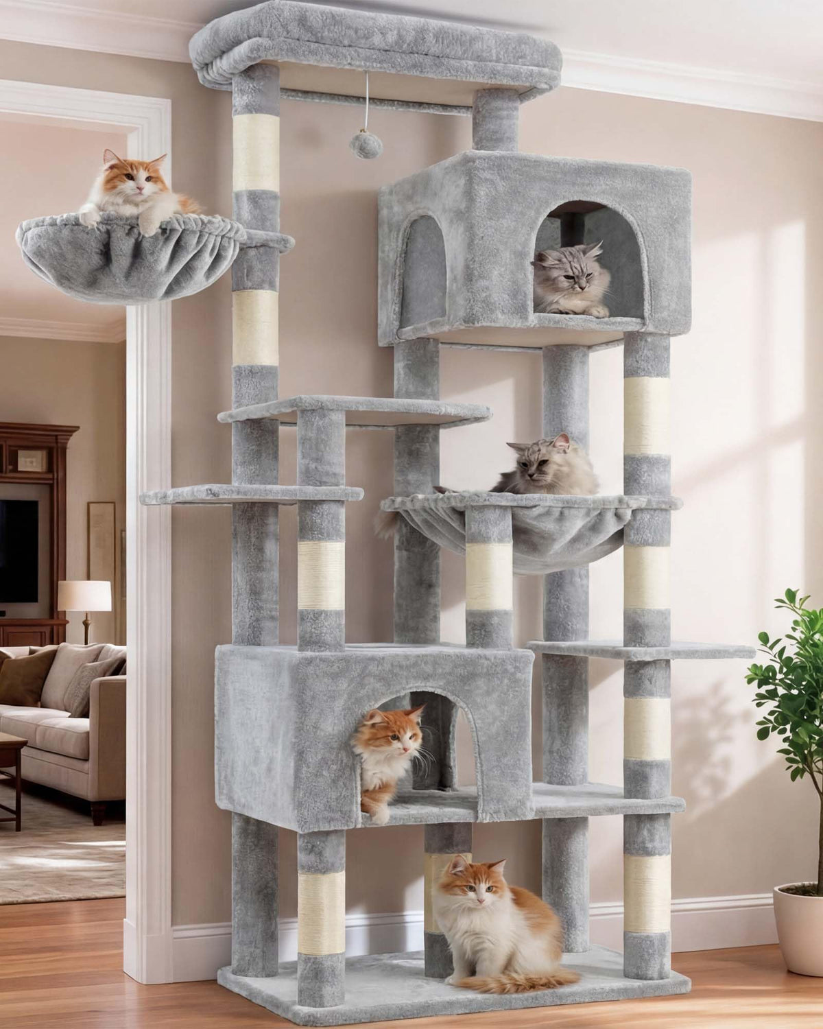 Heybly cat tree 76-inch top perch provides elevated rest for large cats.
