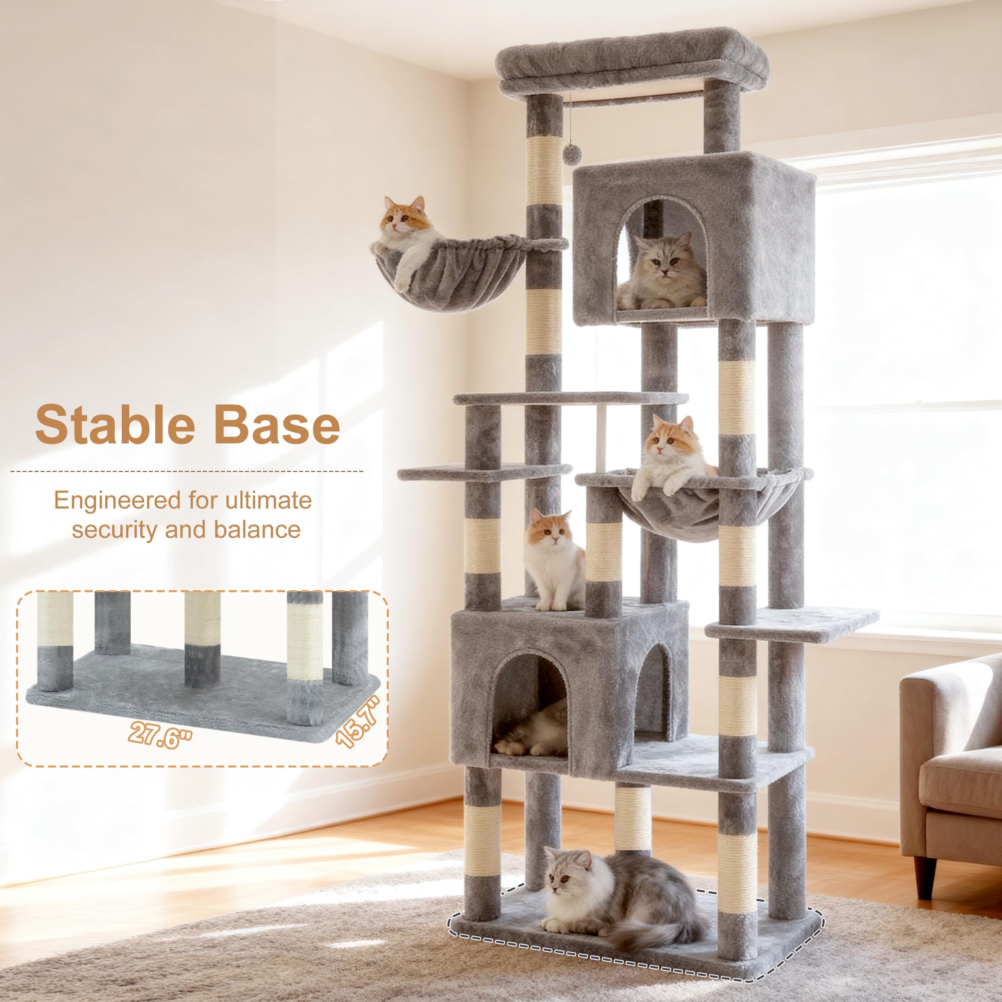 Heybly cat tree anti-tip strap adds extra security during play.