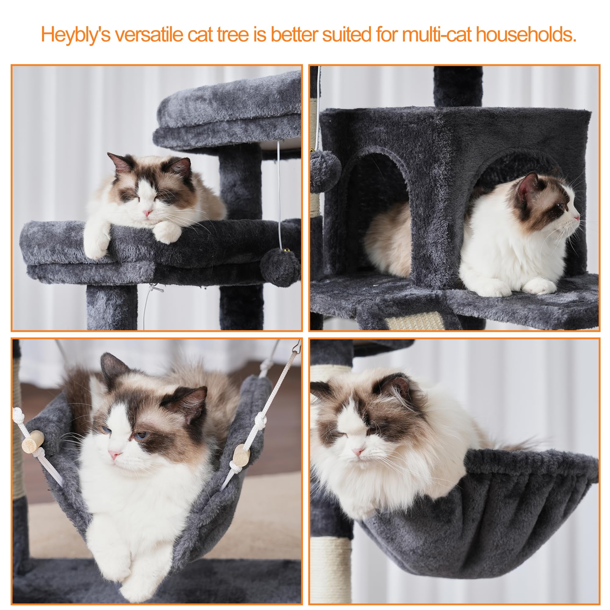 Heybly cat-tree assembly with Allen key simplifies setup for one person.