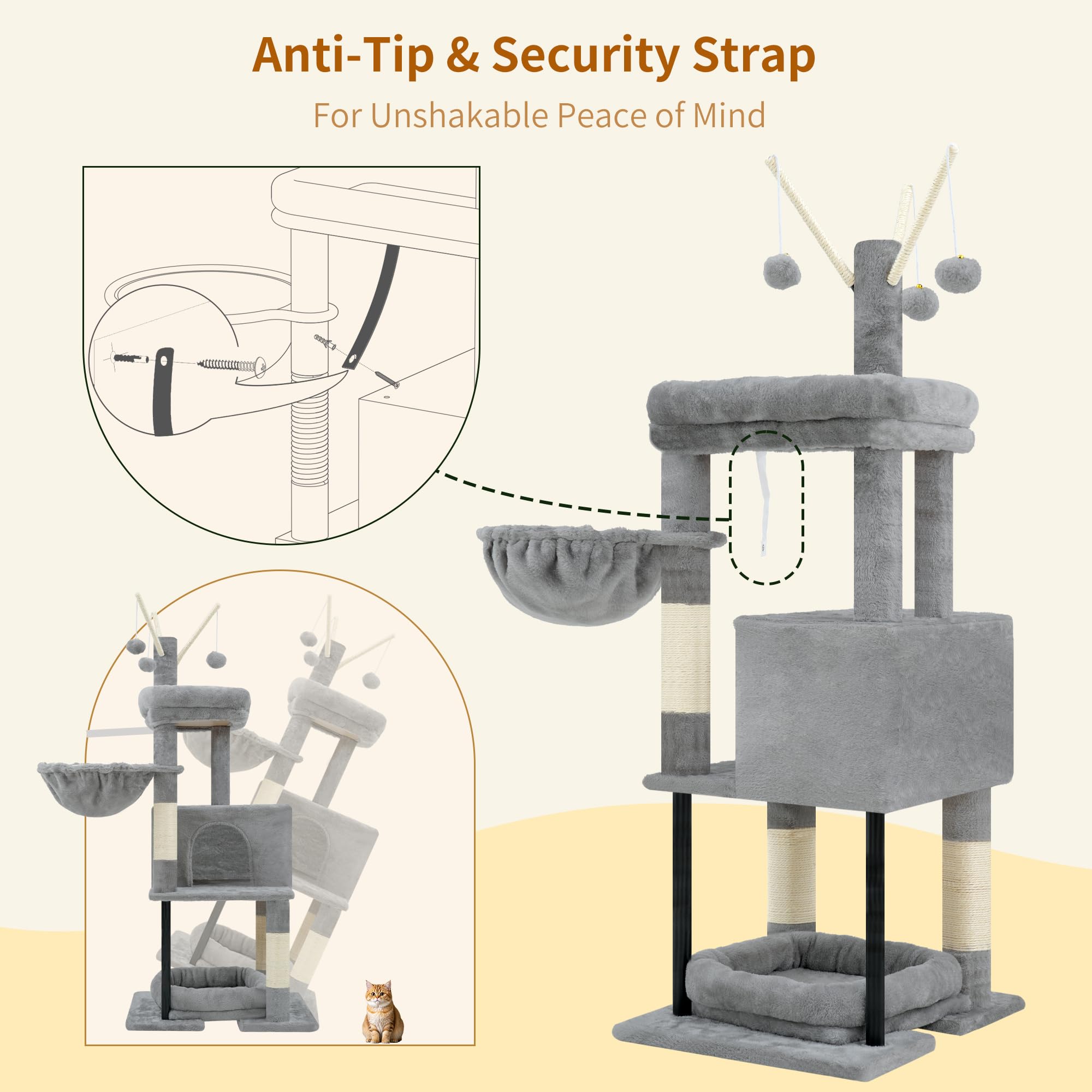 Heybly cat tree base footprint provides stable, reliable support.