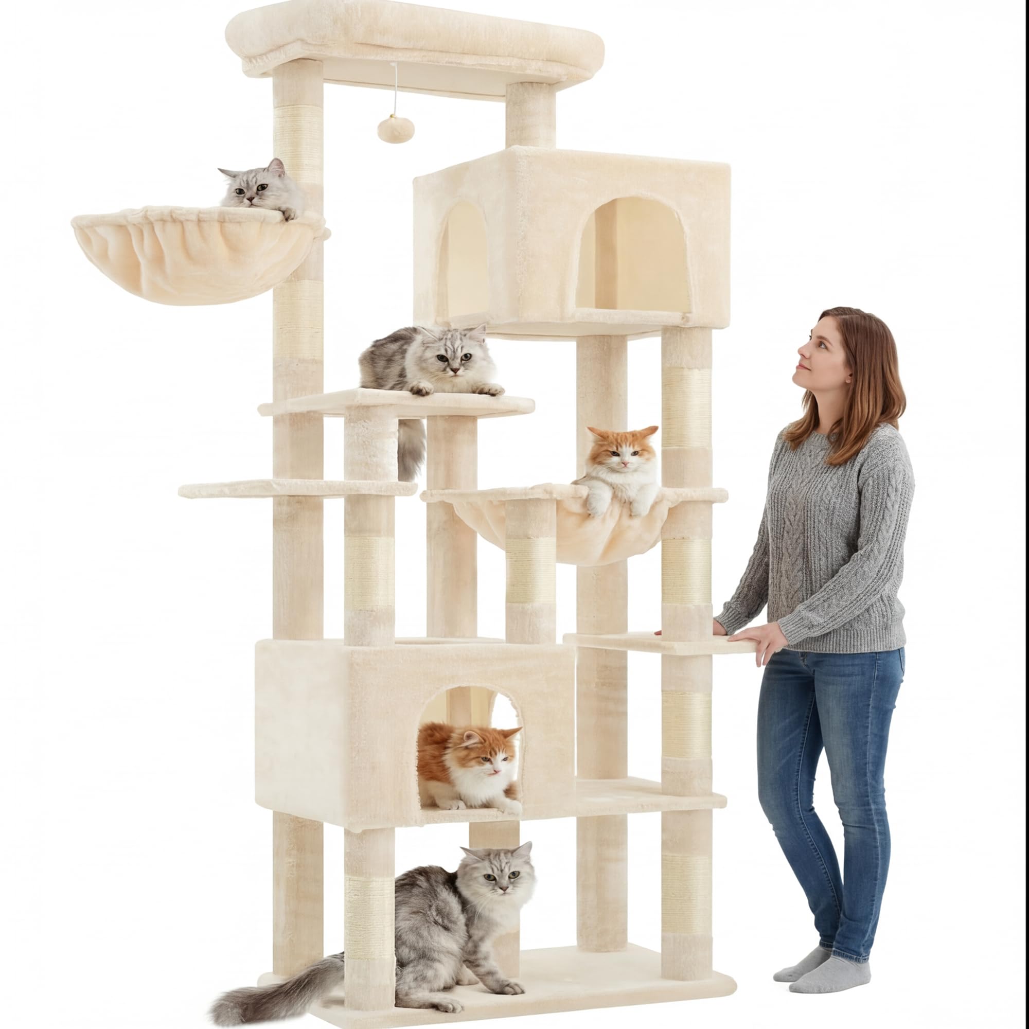 Heybly cat tree beige finish blends with home decor.