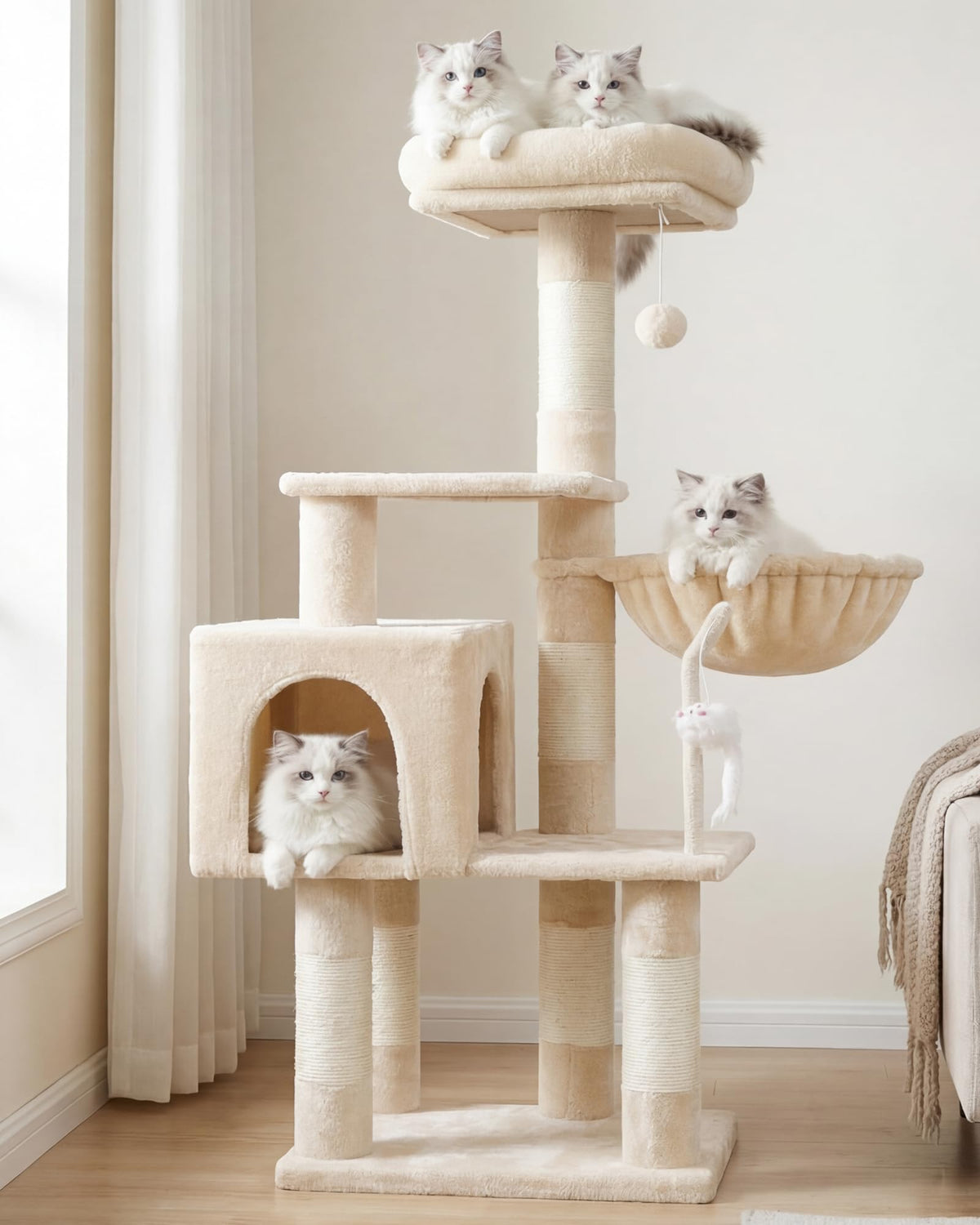 Heybly cat tree beige top perch provides a comfy lounging spot.