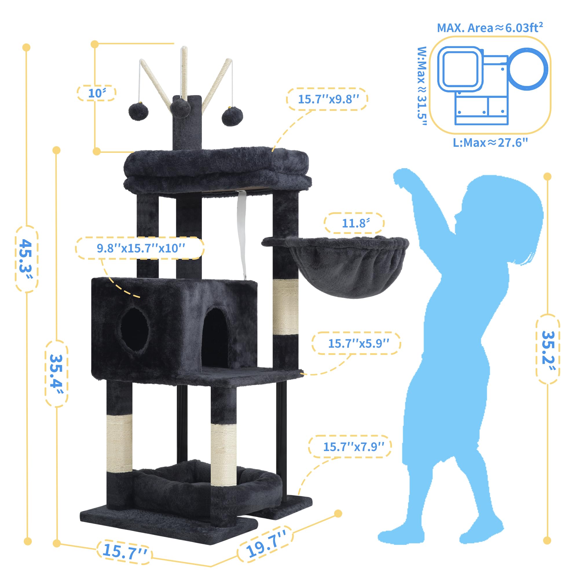 Heybly Cat Tree cozy condo offers secure lounging inside the tower.