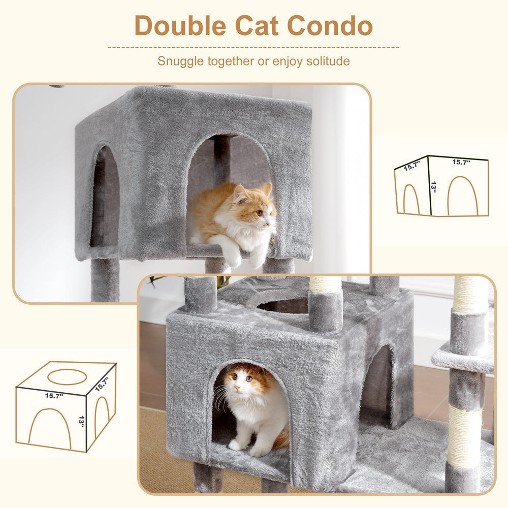 Heybly cat tree dangling pom-poms spark playful chasing.