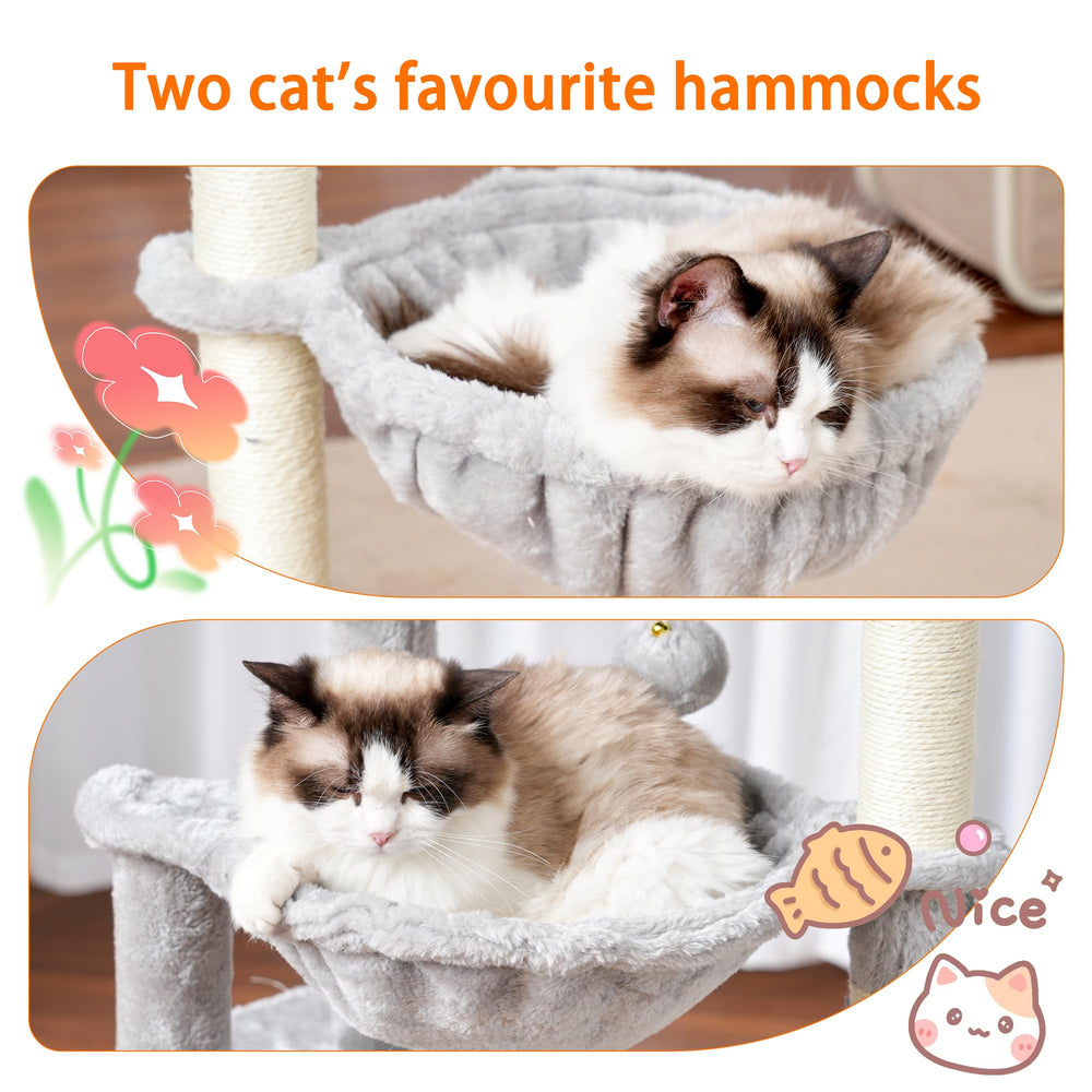 Heybly cat tree dangling toy bells spark curiosity during playtime.