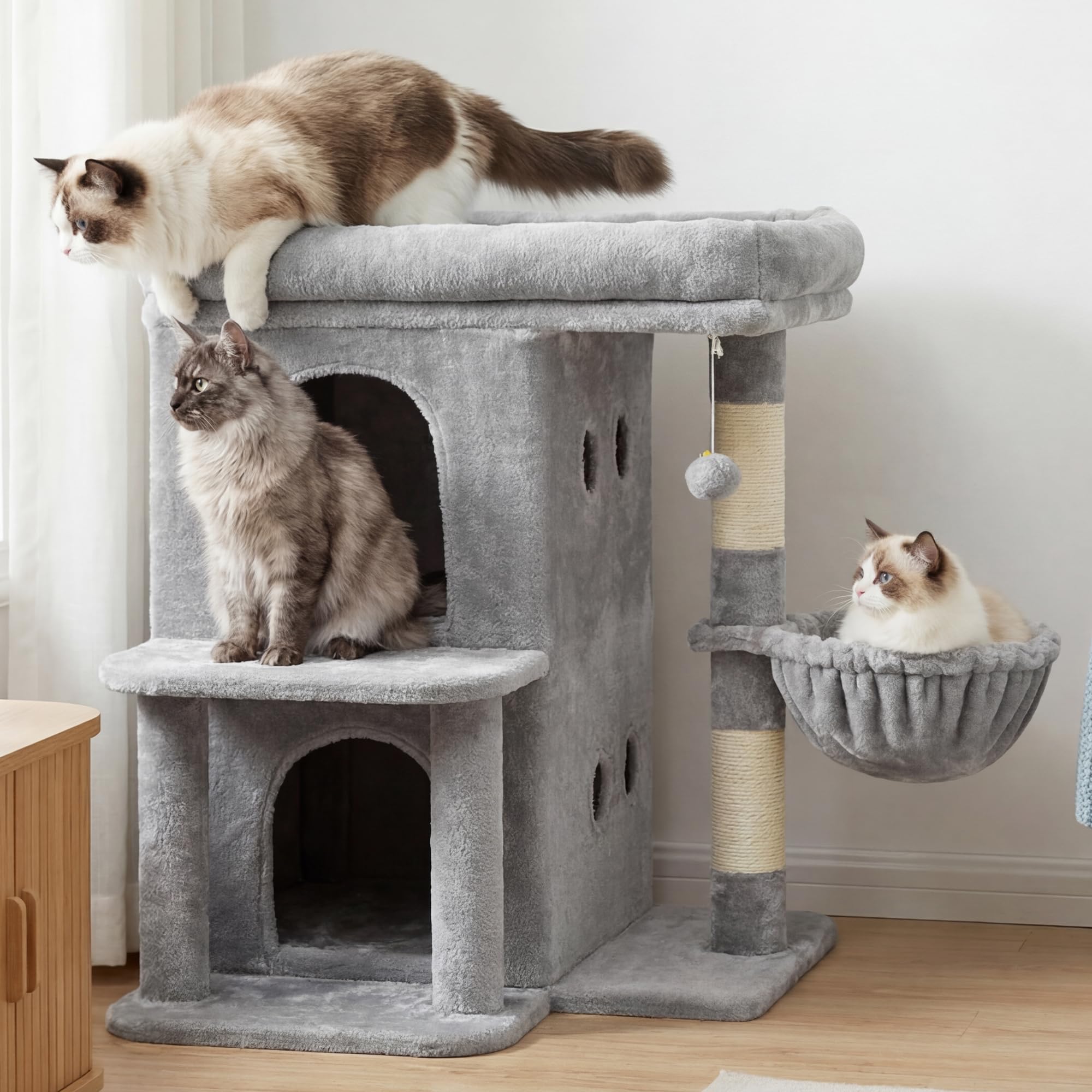 Heybly cat tree dual condos provide private retreats for bigger cats