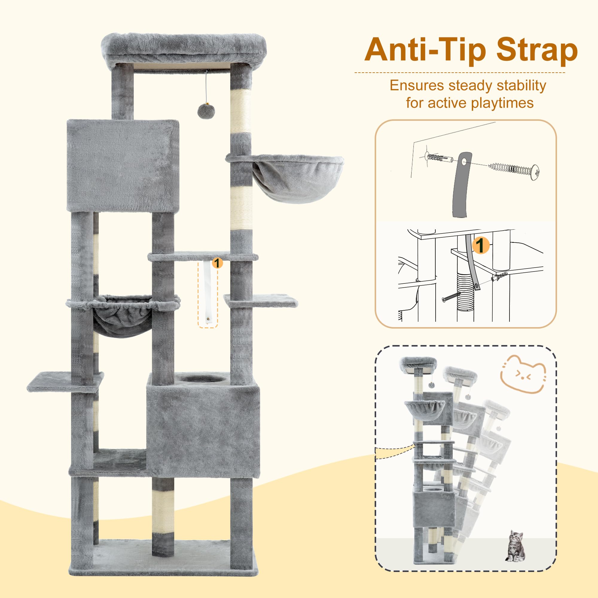Heybly cat tree easy assembly with included tools and guide.