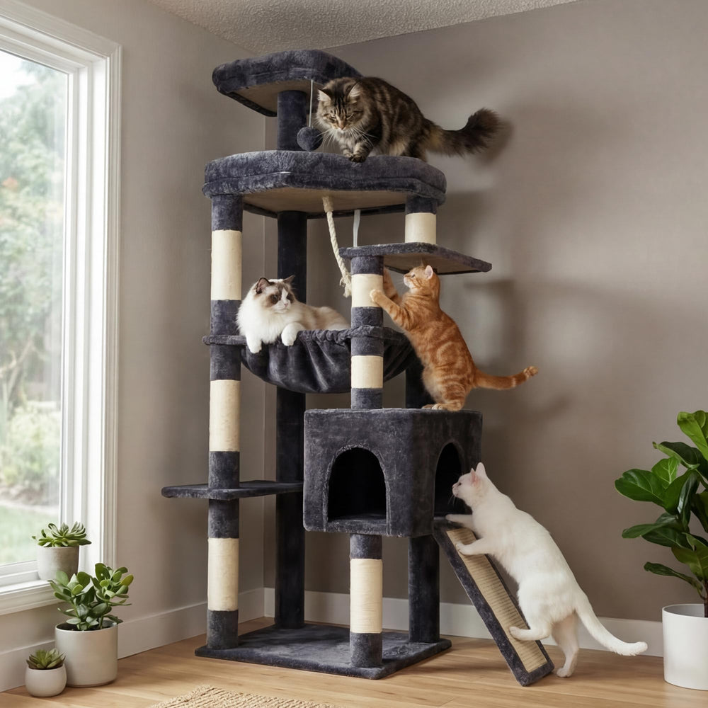 Heybly cat tree enclosed condo with toys for cozy naps and play.