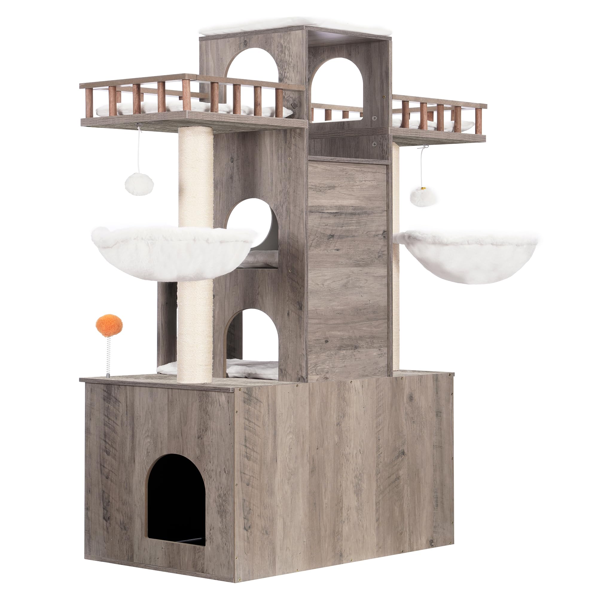 Heybly cat tree enclosure provides a private litter box space with ventilation.