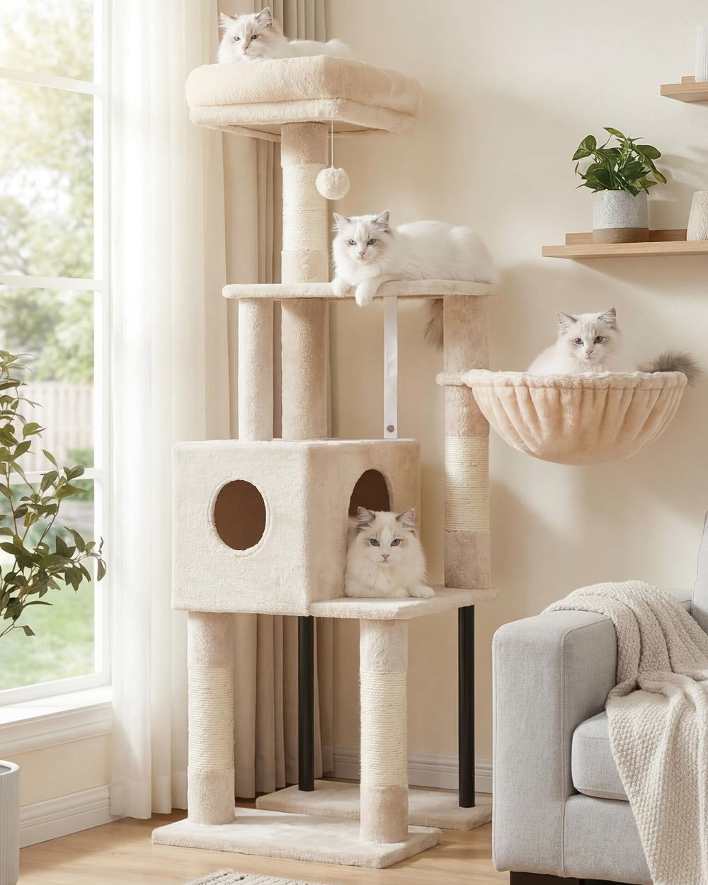 Heybly cat tree full-structure view highlights sturdy frame for safe indoor exploration