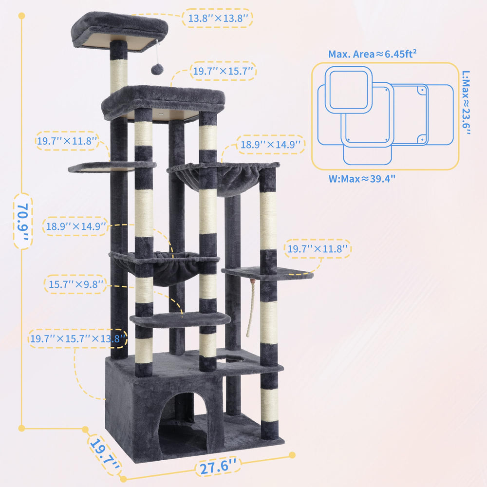 Heybly cat tree height seventy-one inches for tall climbing and surveying.
