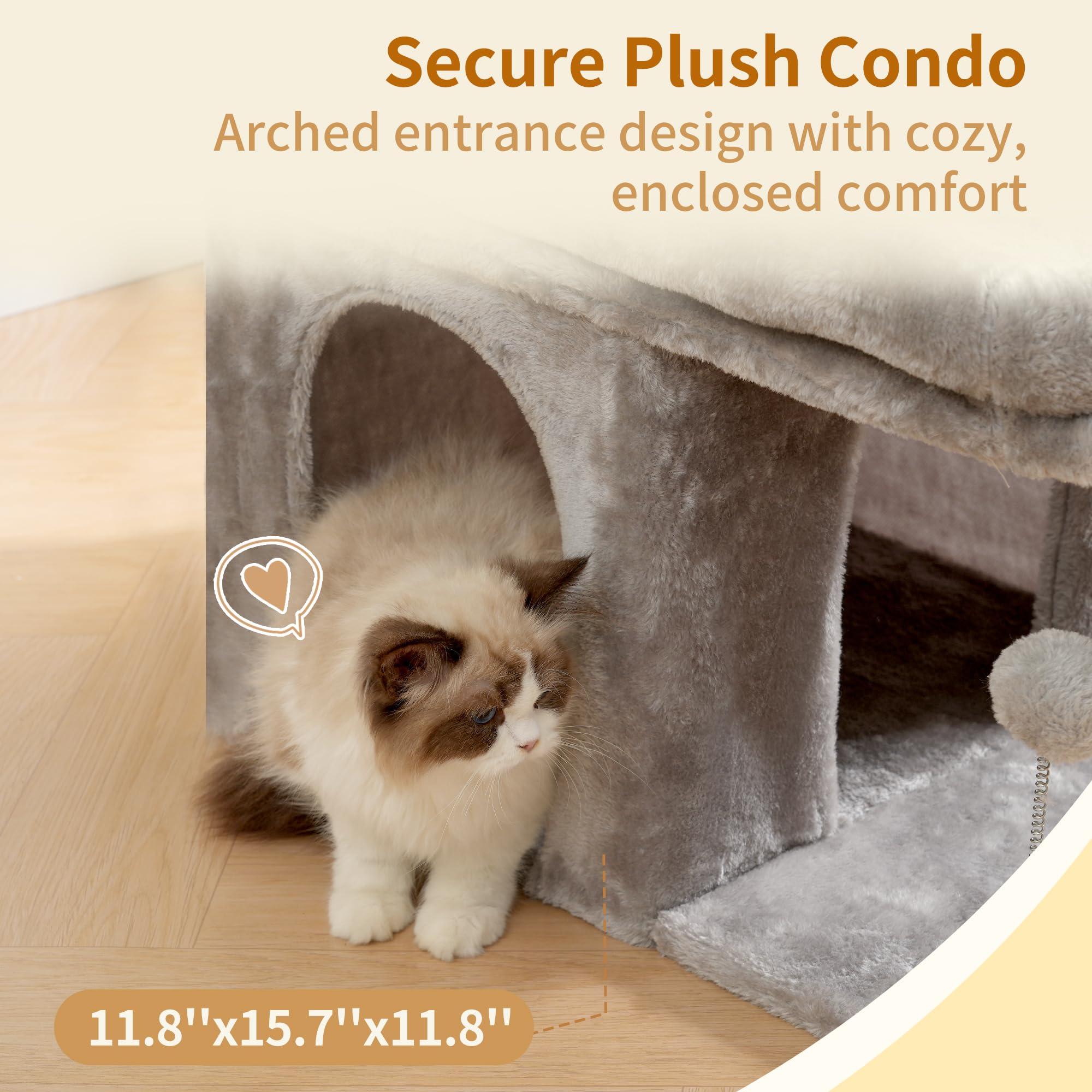 Heybly Cat Tree interactive spring ball engages curious kittens with playful motion.