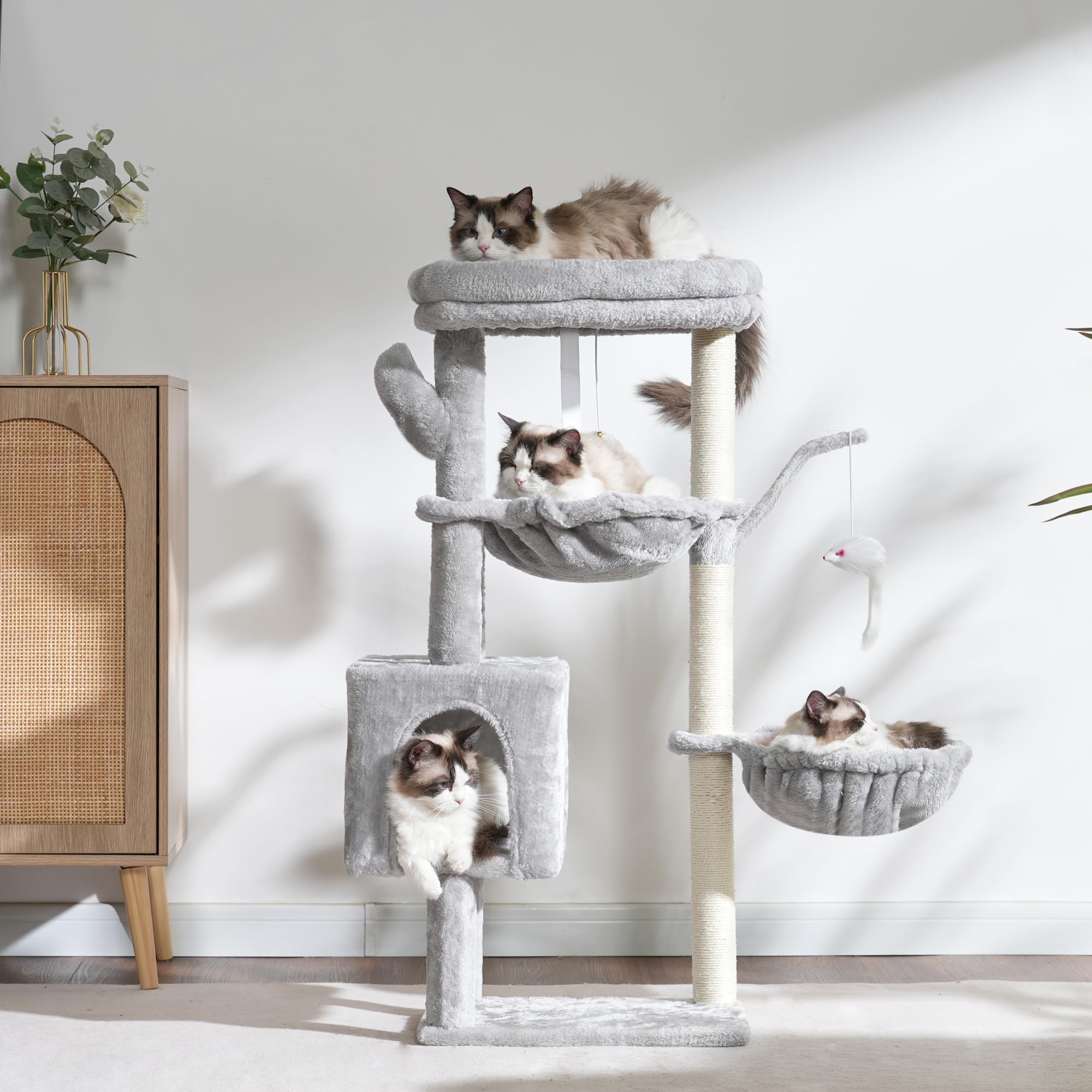 Heybly cat tree light gray finish complements modern living spaces.