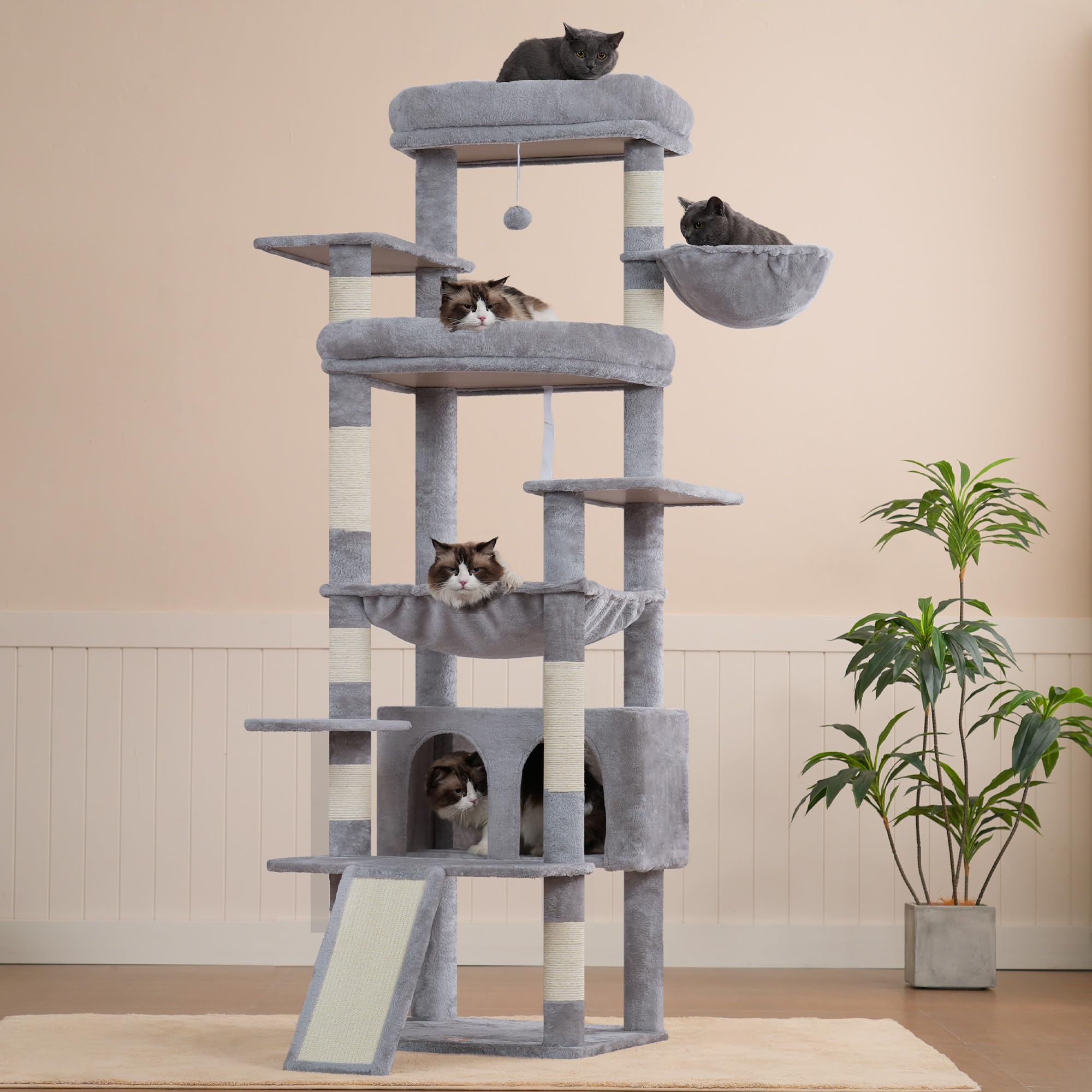 Heybly light gray cat tree complements modern interiors and blends into living spaces.